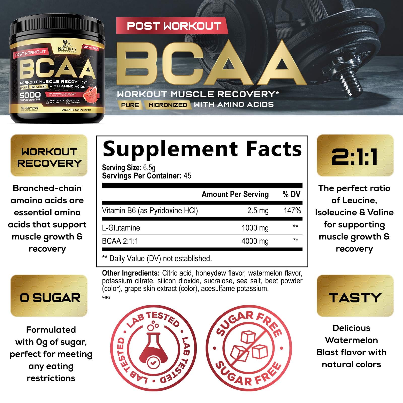 Nature's Nutrition BCAA Amino Acids Powder 358g back view