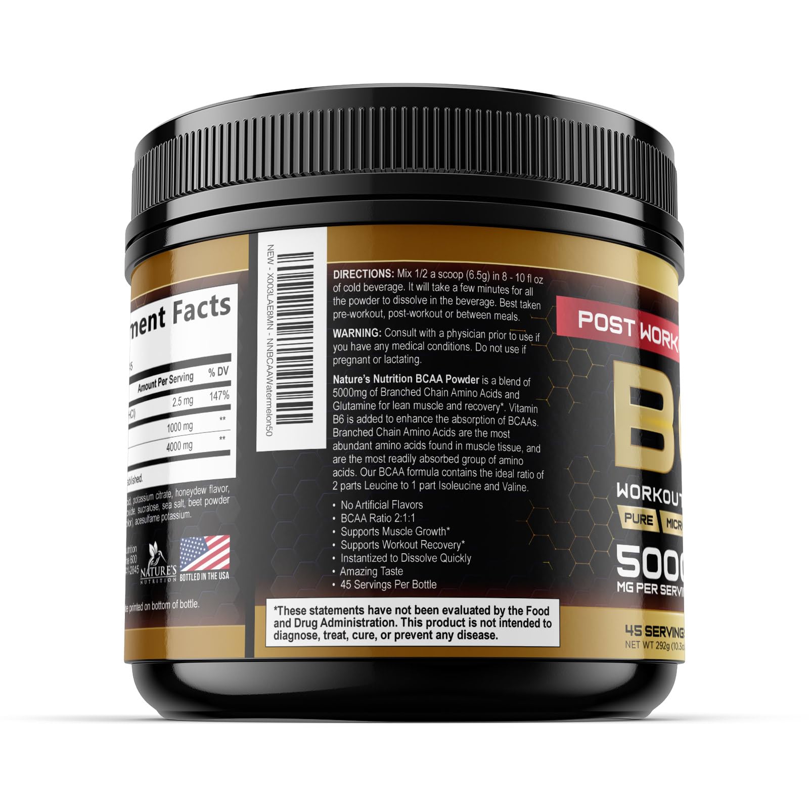 Nature's Nutrition BCAA Amino Acids Powder 358g on a kitchen counter