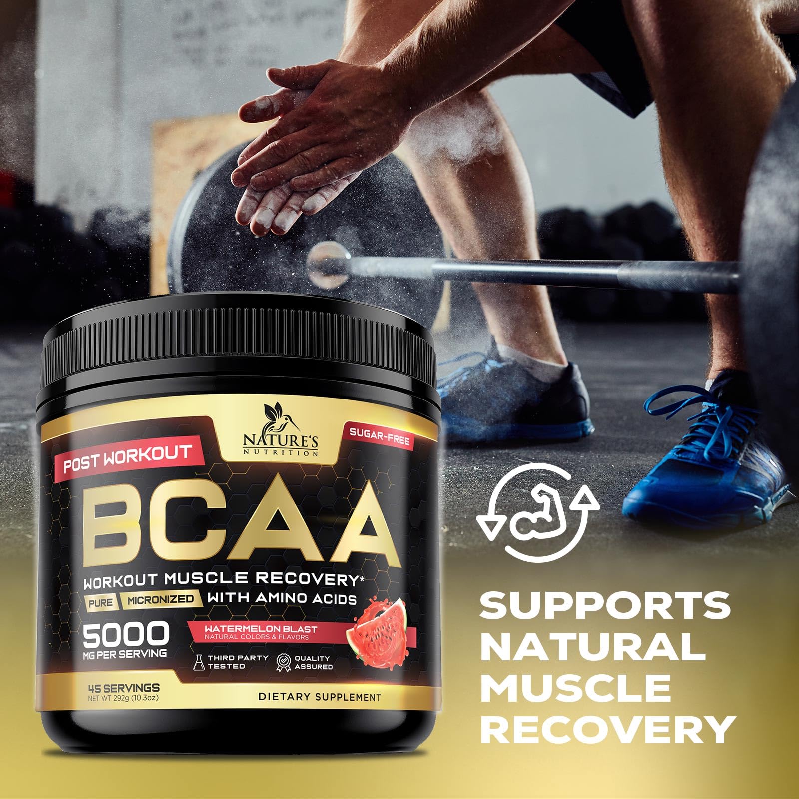 Nature's Nutrition BCAA Amino Acids Powder 358g with workout gear