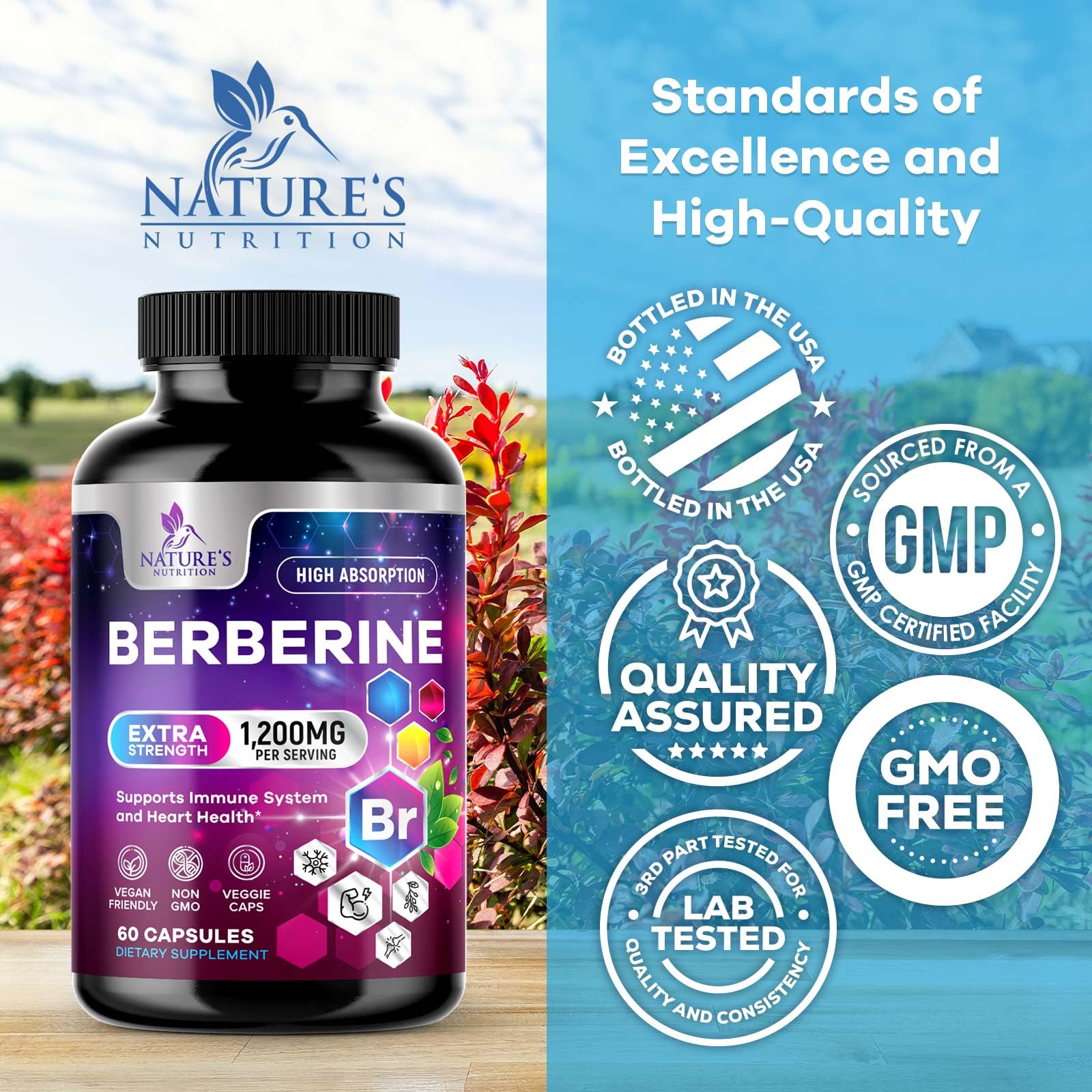 Nature's Nutrition Berberine HCl Blend 1200mg Capsules back view
