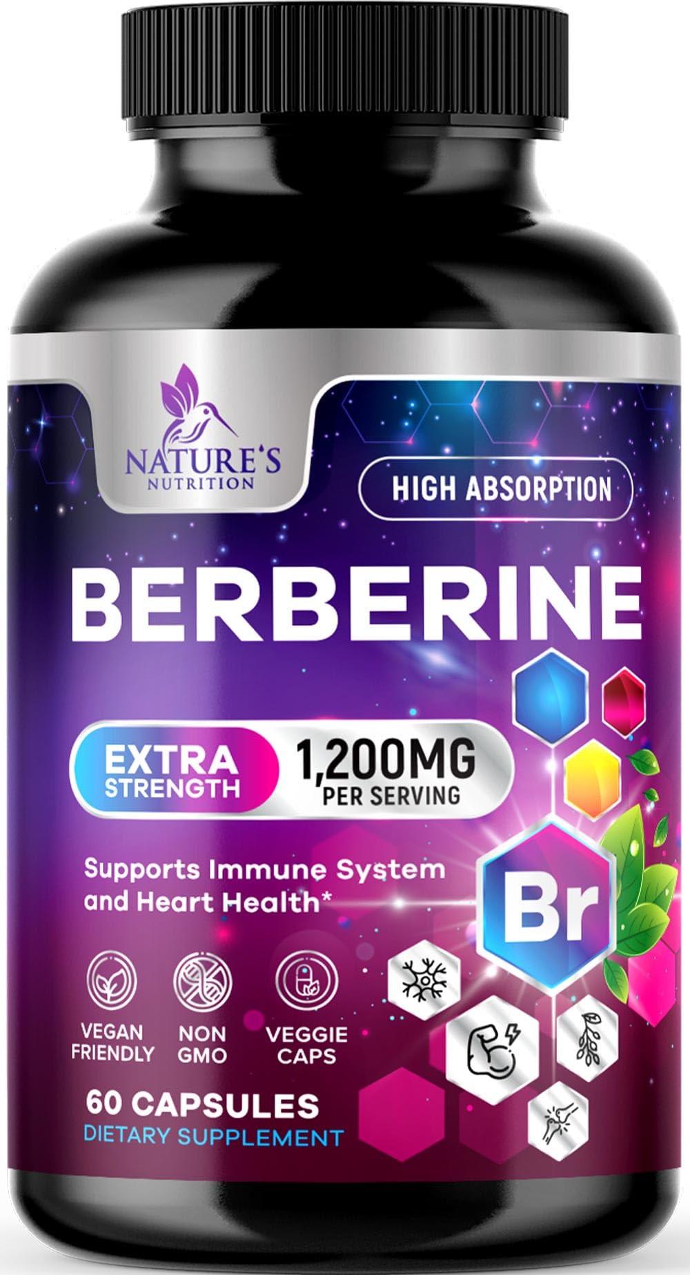 Nature's Nutrition Berberine HCl Blend 1200mg Capsules front view