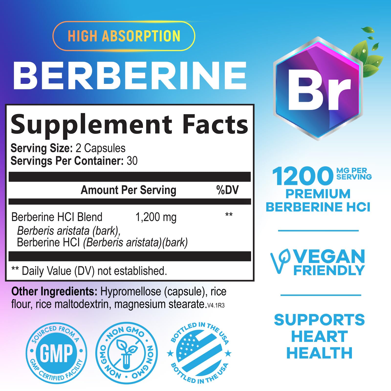 Nature's Nutrition Berberine HCl Blend 1200mg Capsules side view
