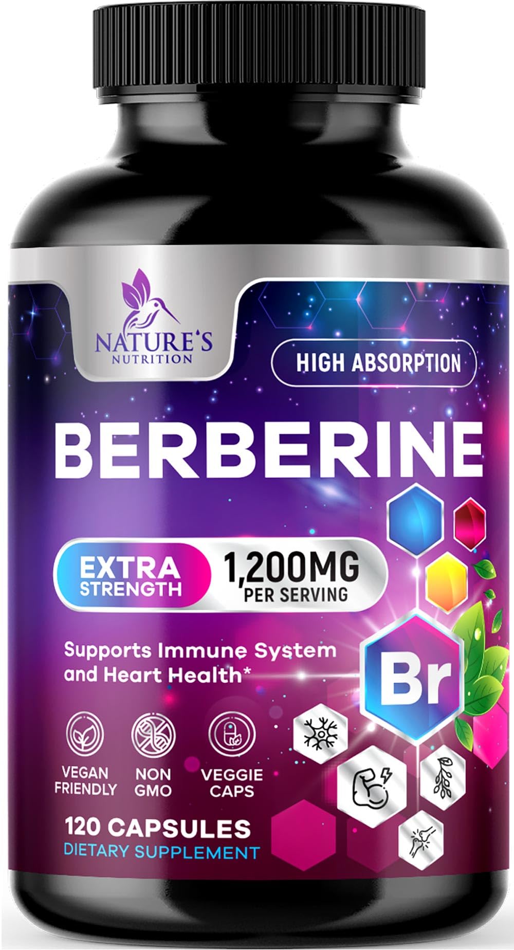Nature's Nutrition Berberine HCL Supplement 1200mg front view