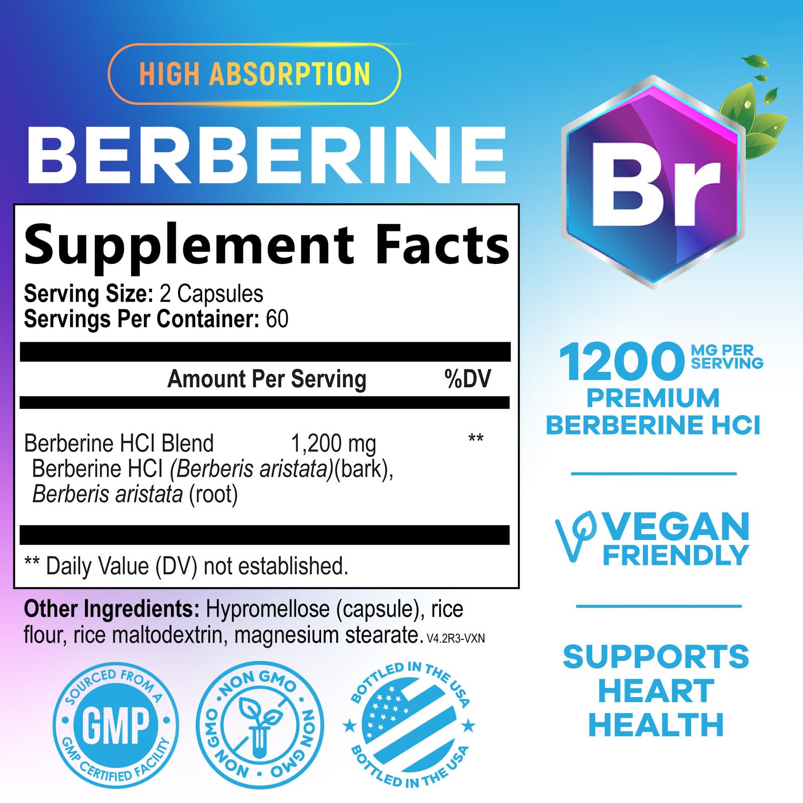 Nature's Nutrition Berberine HCL Supplement 1200mg side view