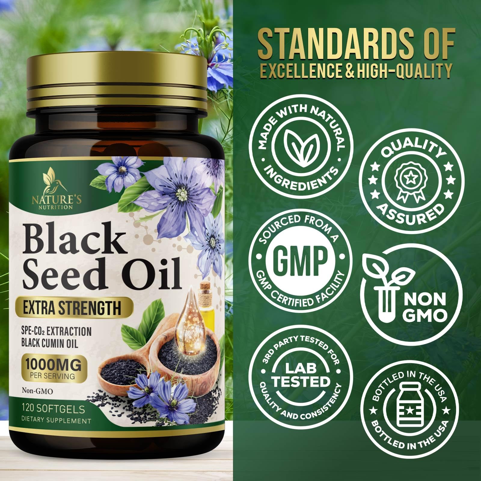 Nature's Nutrition Black Seed Oil Capsules 1000mg bottle side view