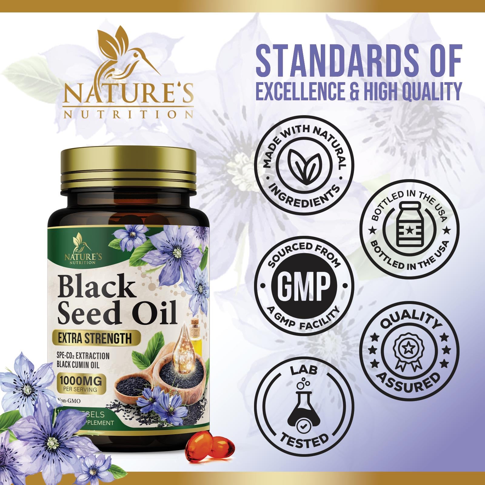 Nature's Nutrition Black Seed Oil Capsules 1000mg side view