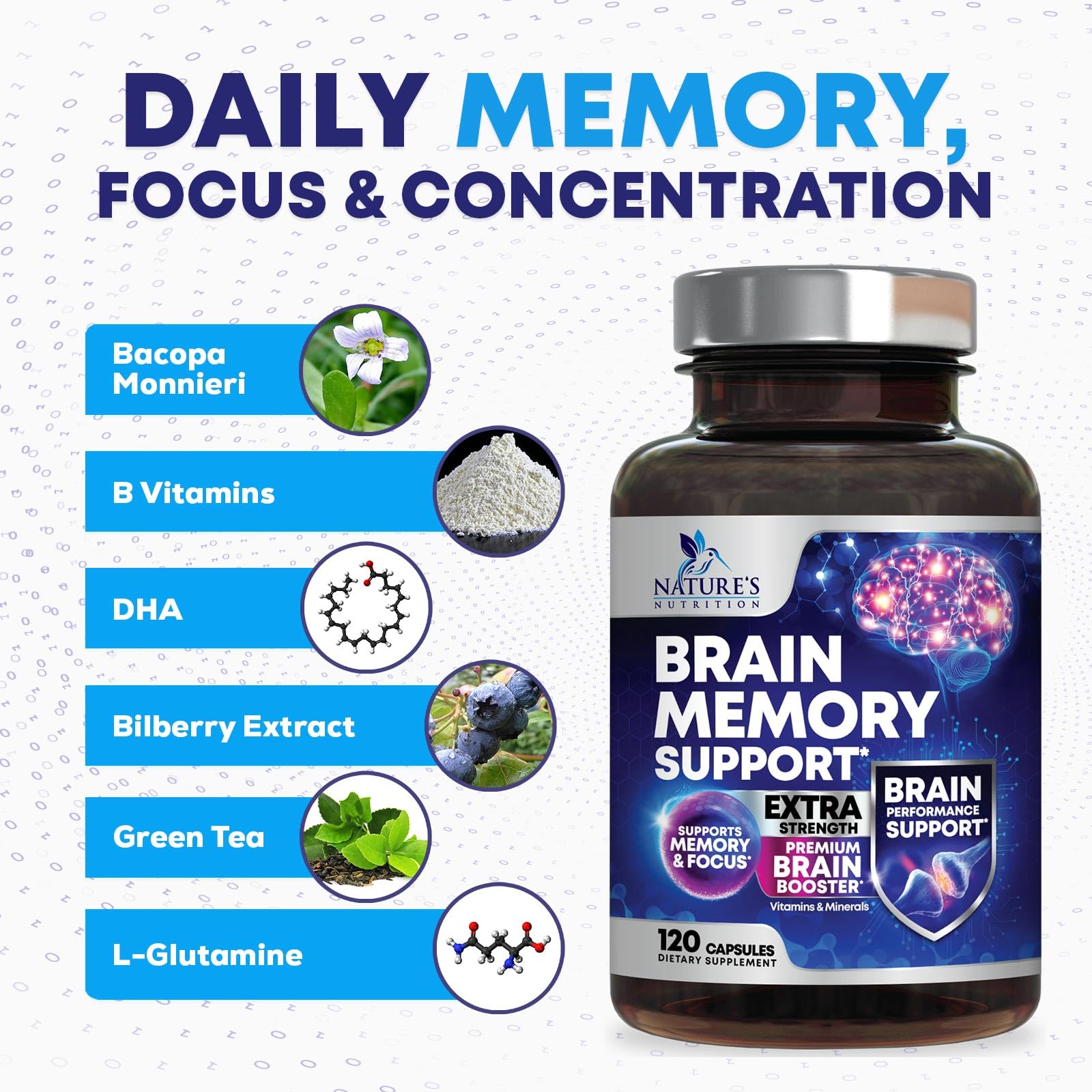 Nature's Nutrition Brain Memory Supplement Capsules close-up