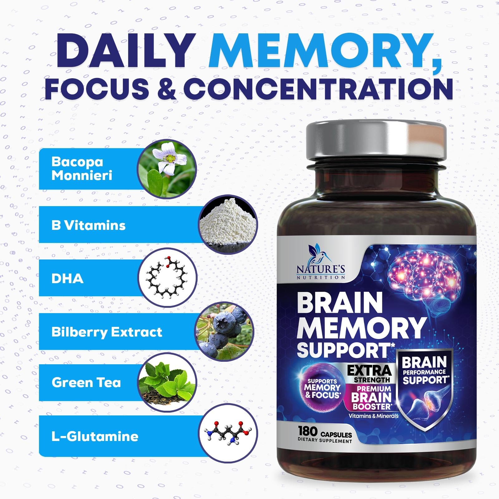 Nature's Nutrition Brain Memory Supplement Capsules open bottle