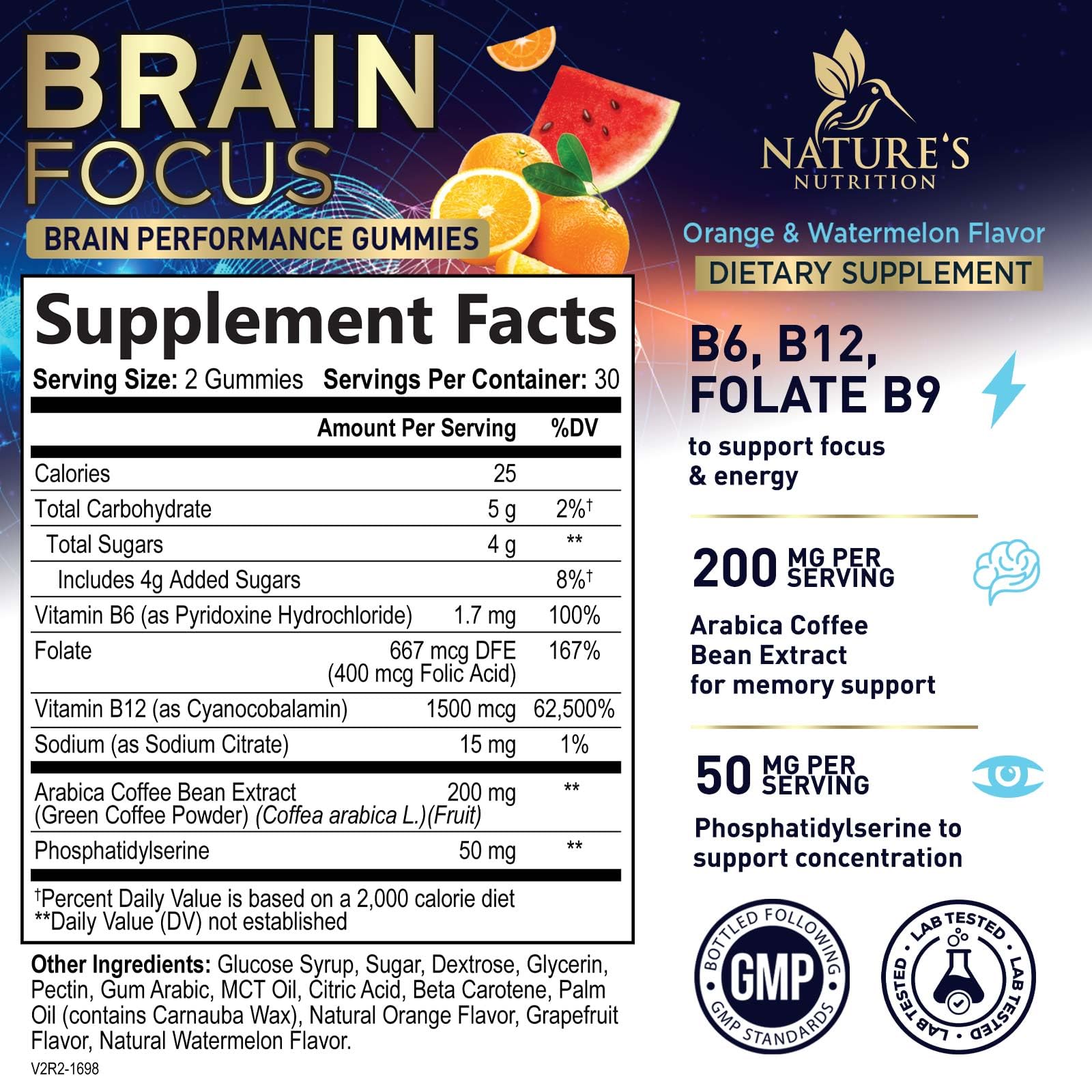Nature's Nutrition Brain Support Gummies side view showing ingredients