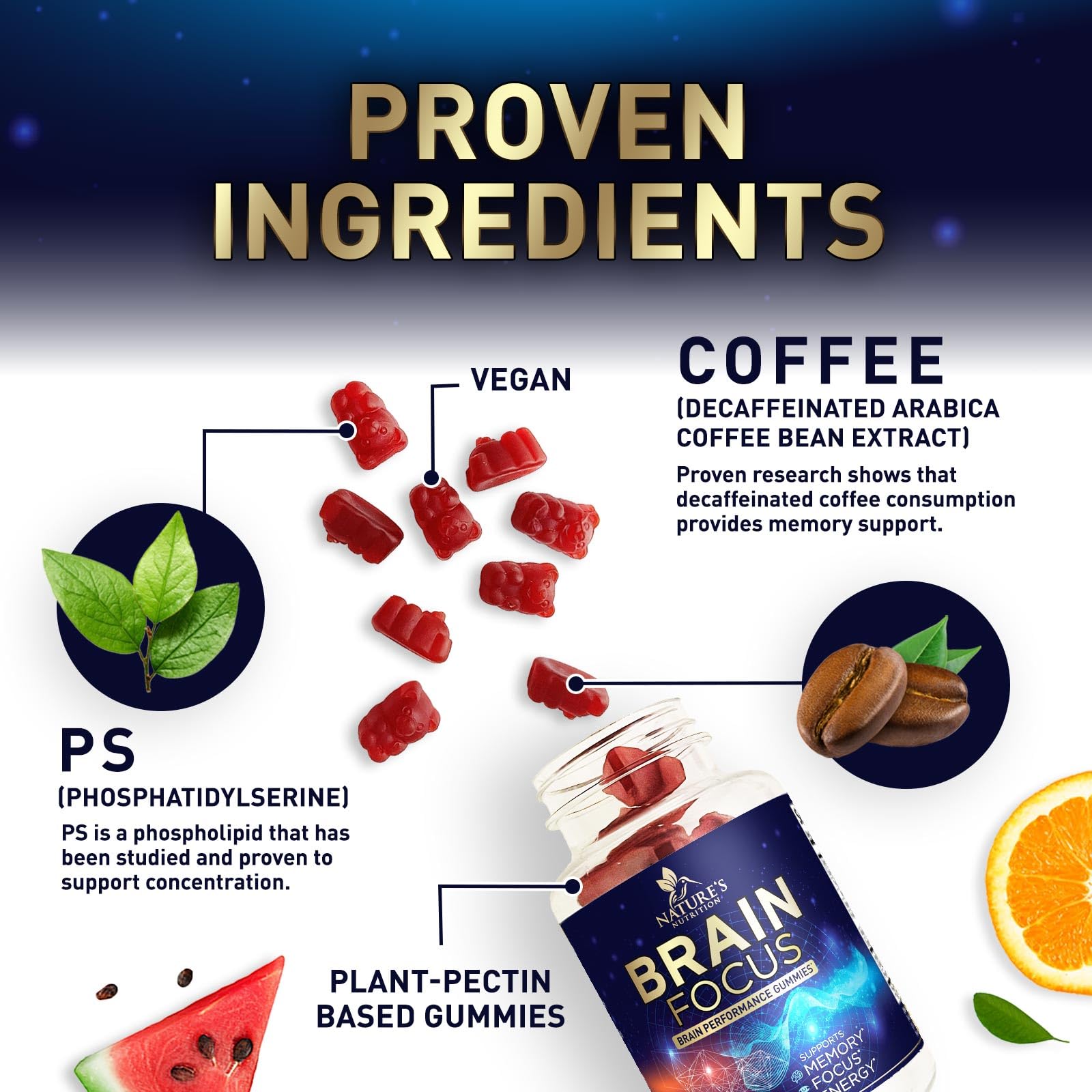 Nature's Nutrition Brain Support Gummies with a hand holding one gummy