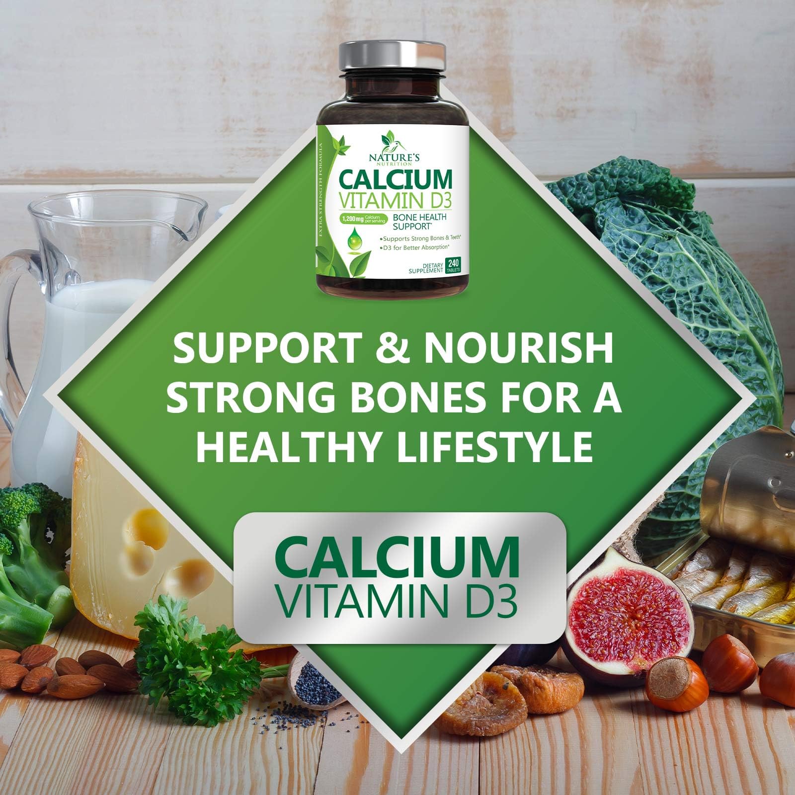 Nature's Nutrition Calcium Supplement 1200mg on a wooden table