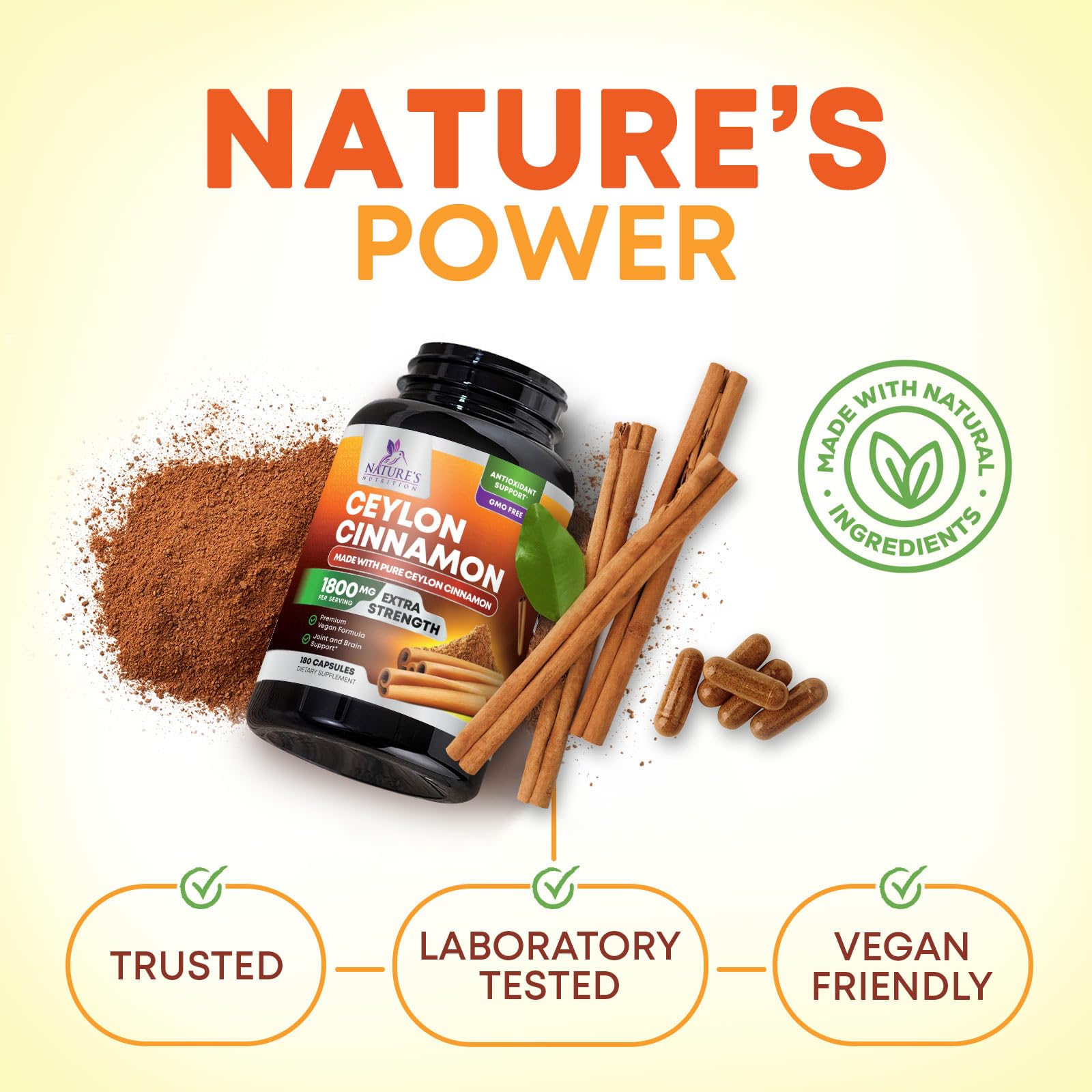 Nature's Nutrition Ceylon Cinnamon Capsules on wooden table