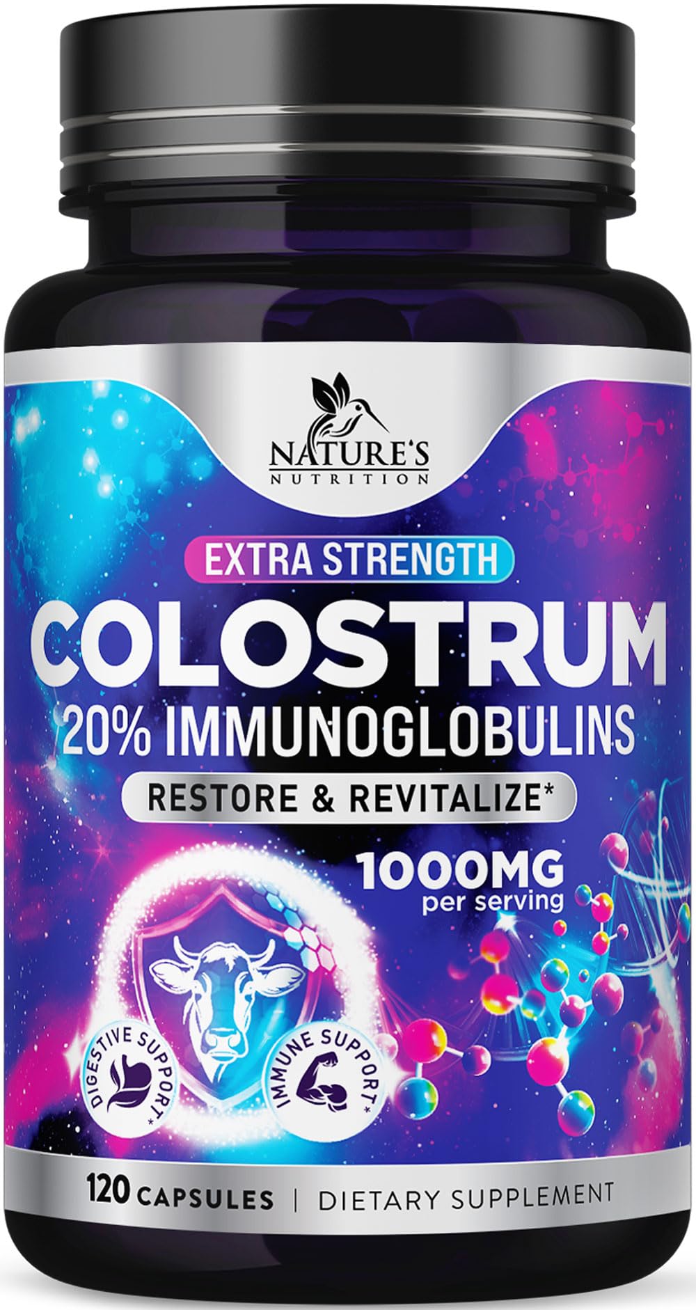 Nature's Nutrition Colostrum Supplement 1000mg capsules front view