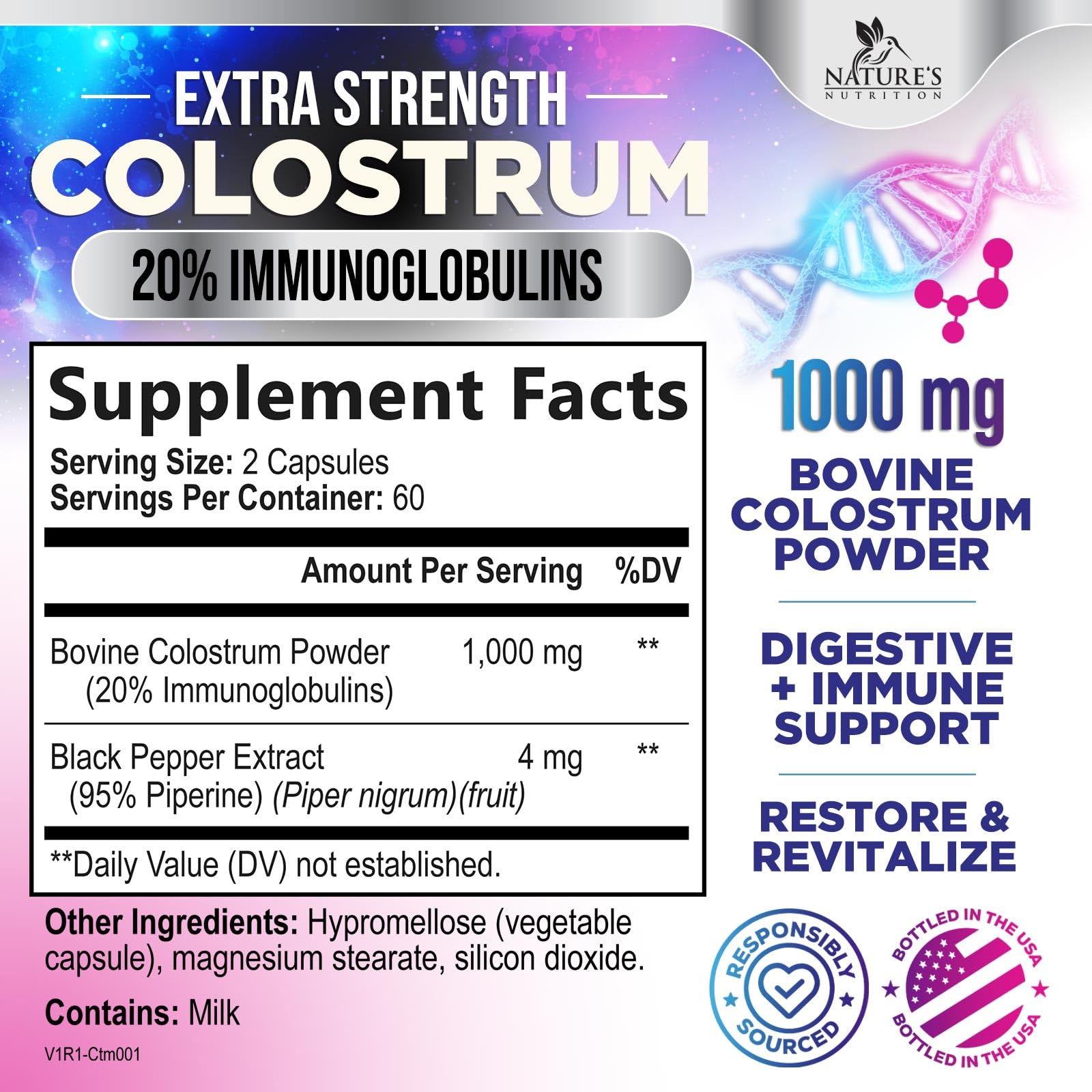 Nature's Nutrition Colostrum Supplement 1000mg capsules side view
