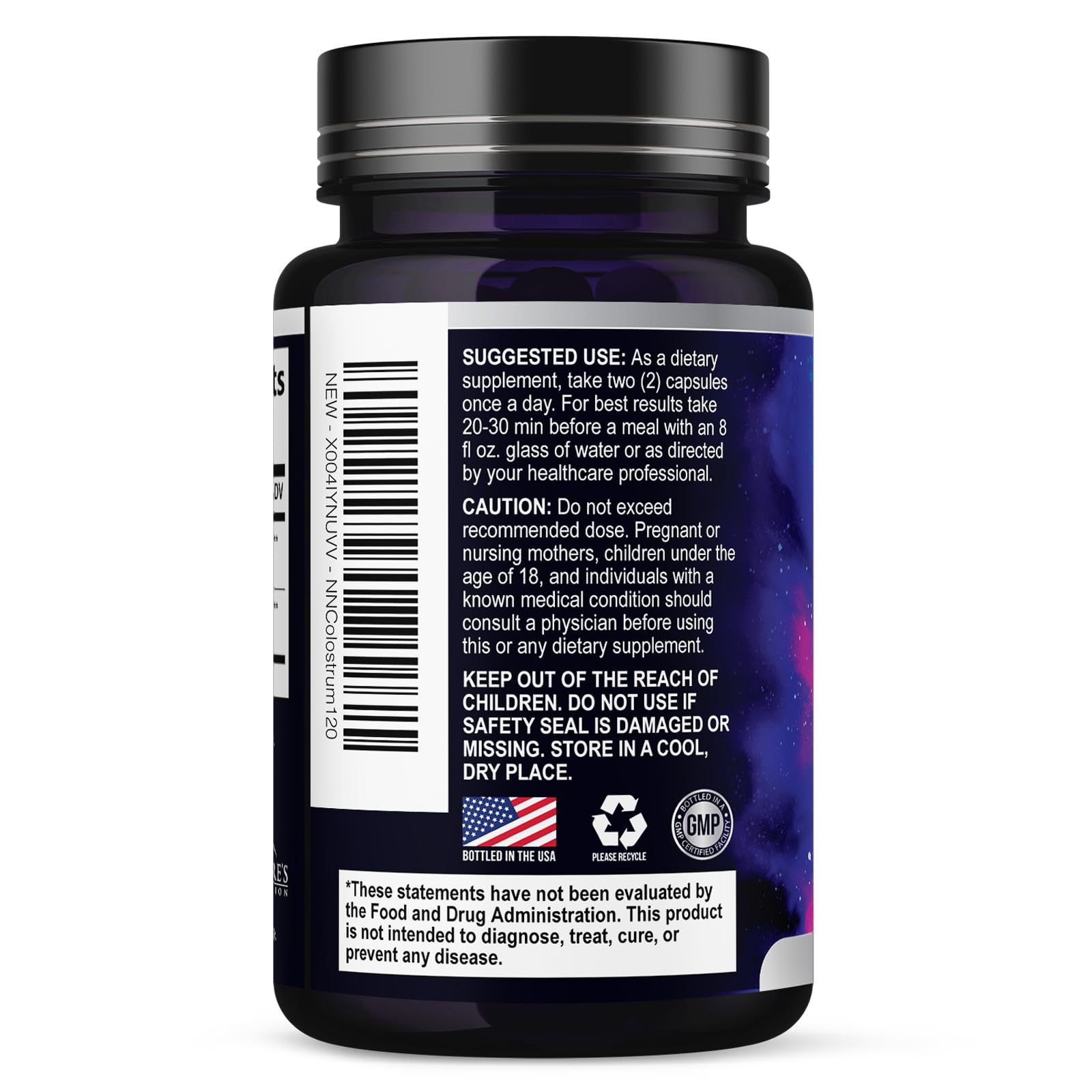 Nature's Nutrition Colostrum Supplement 1000mg capsules with a glass of water