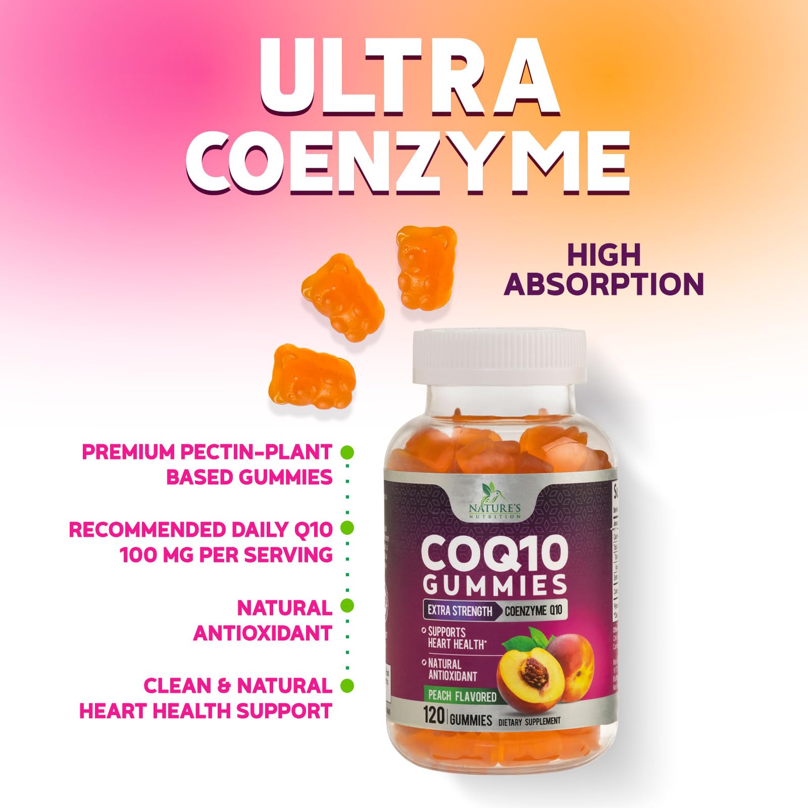 Nature's Nutrition CoQ10 Gummies 100mg displayed with fresh peaches