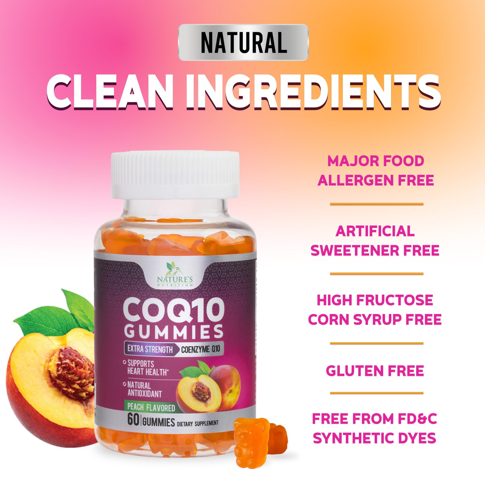 Nature's Nutrition CoQ10 Gummies 100mg with fresh peaches