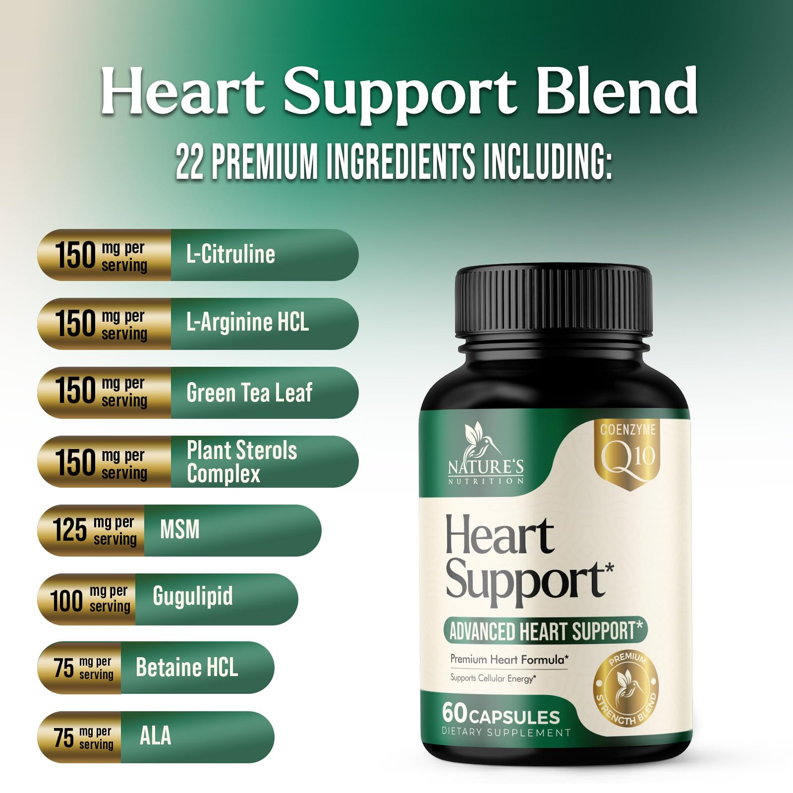 Nature's Nutrition CoQ10 Heart Support Supplement on a wooden table