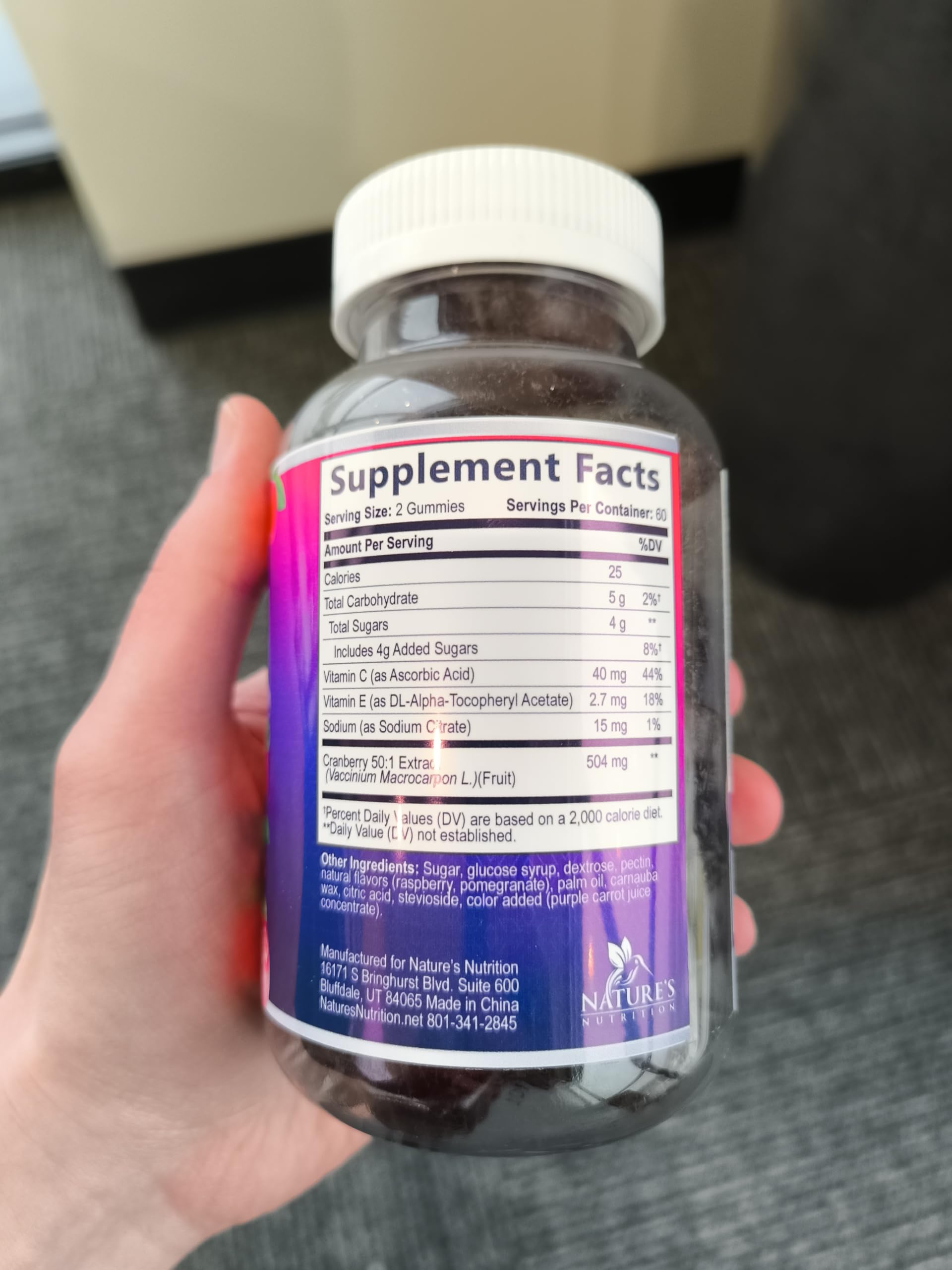 Nature's Nutrition Cranberry Gummies with Vitamin C ingredients