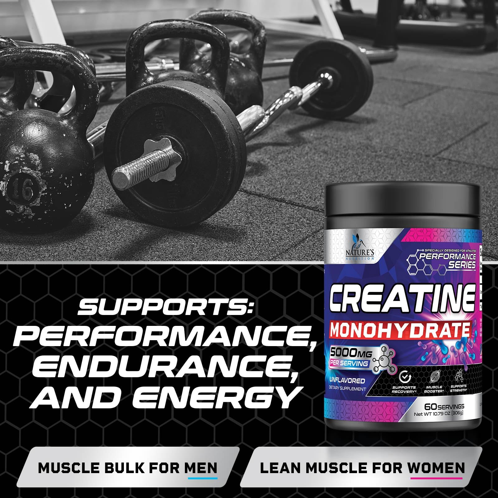 Nature's Nutrition Creatine Monohydrate Powder on a kitchen counter
