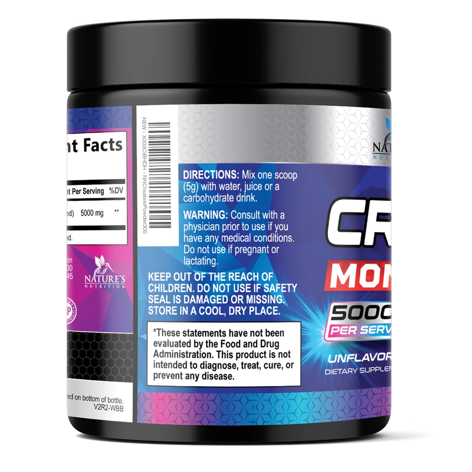 Nature's Nutrition Creatine Monohydrate Powder packaging with ingredients list