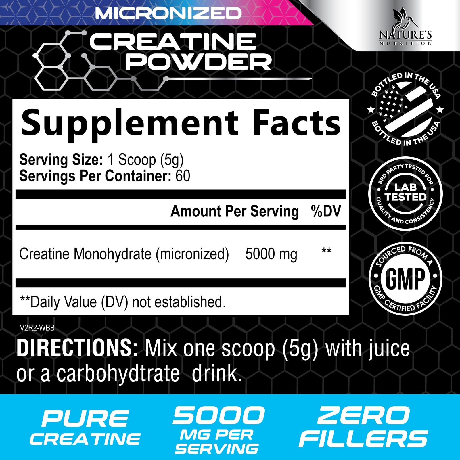 Nature's Nutrition Creatine Monohydrate Powder side view with scoop