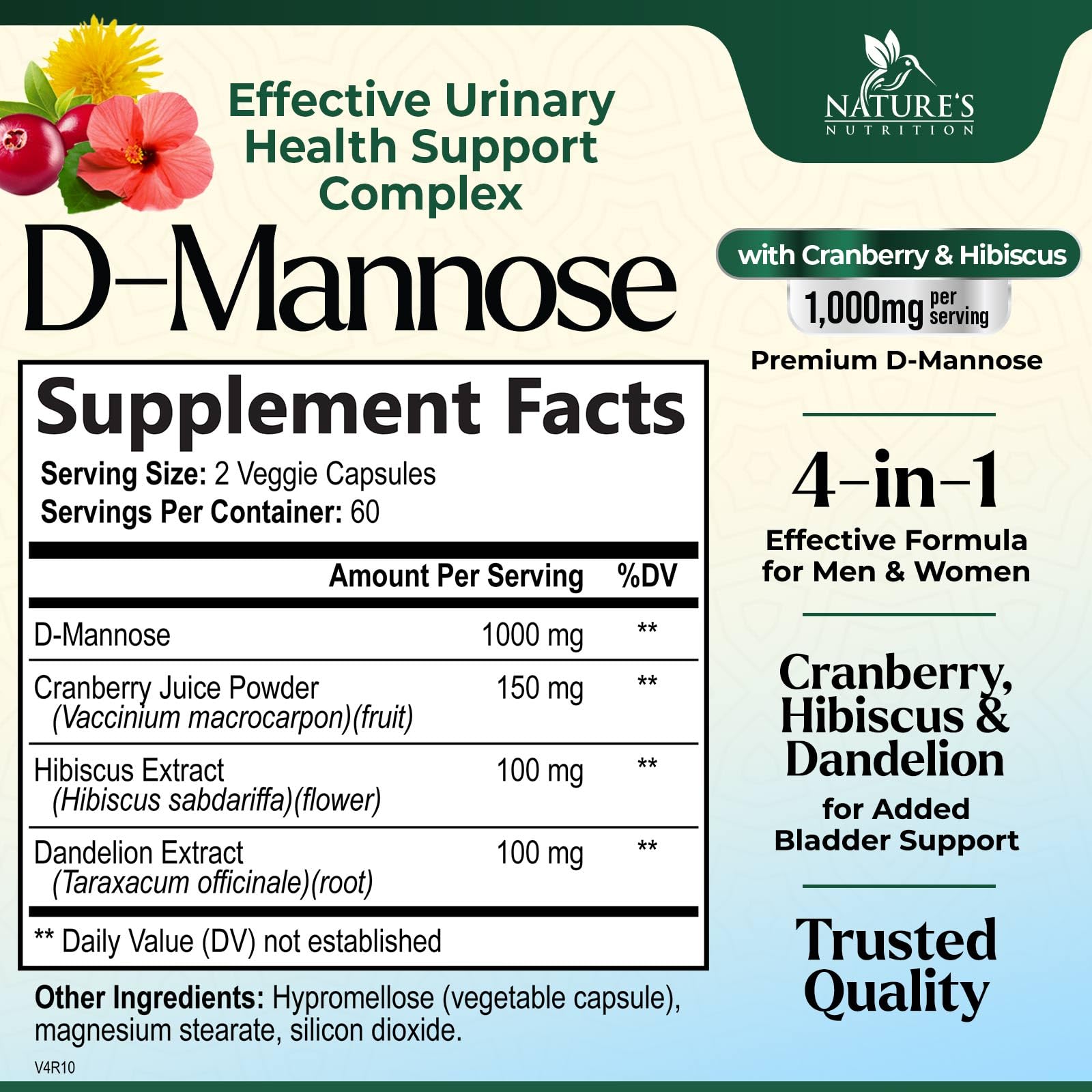 Nature's Nutrition D Mannose Supplement 1000mg side view