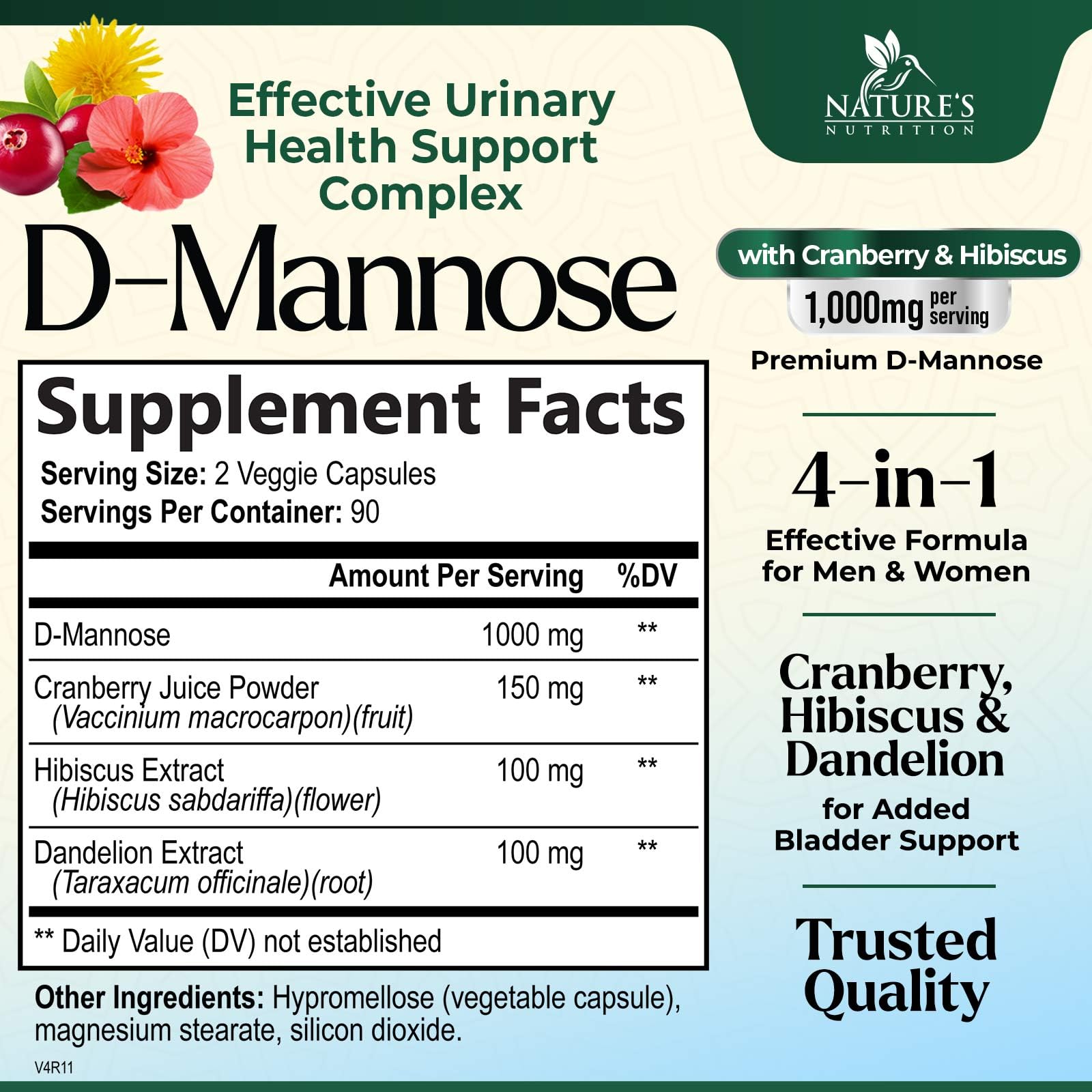 Nature's Nutrition D Mannose Supplement 1000mg side view