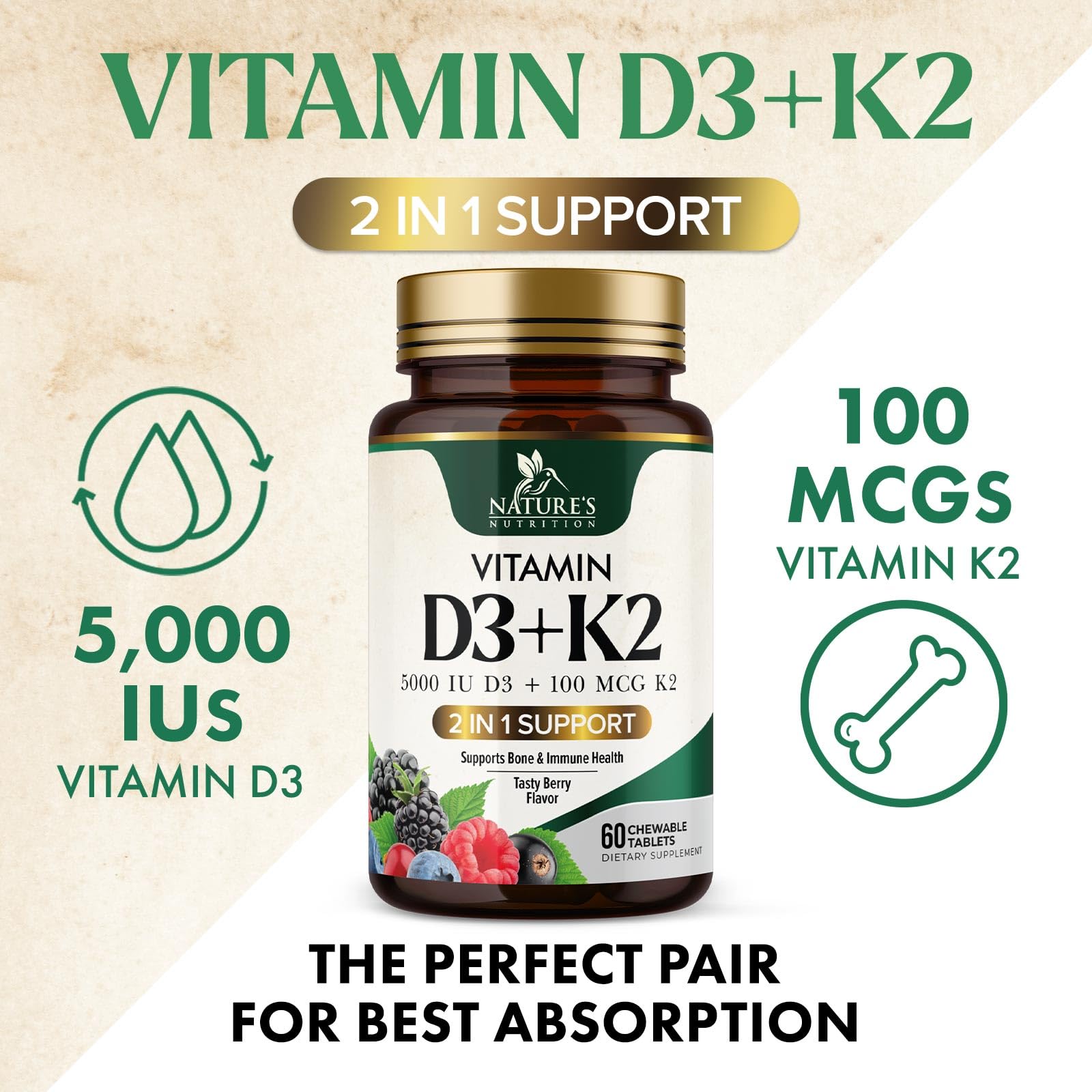 Nature's Nutrition D3 K2 chewable tablets close-up of tablet