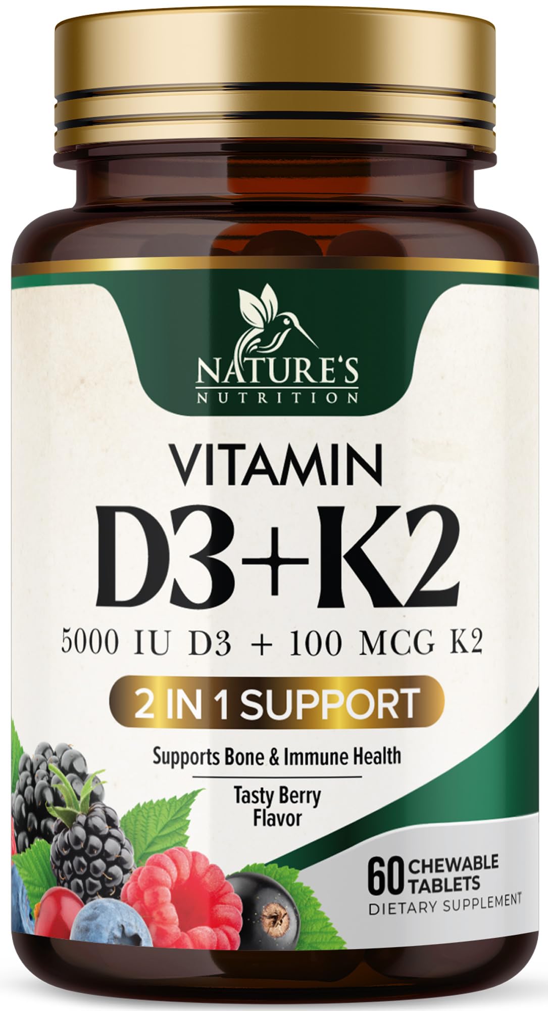Nature's Nutrition D3 K2 chewable tablets front view with packaging