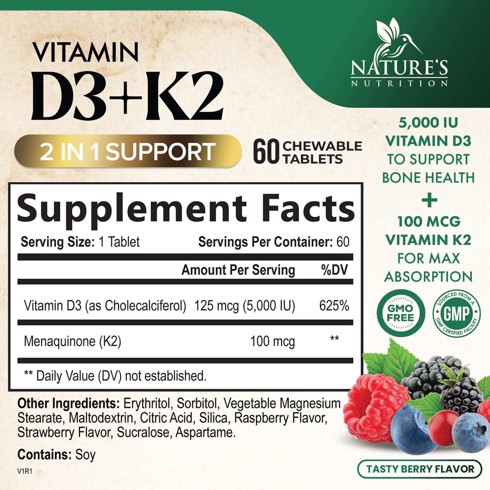 Nature's Nutrition D3 K2 chewable tablets side view showing dosage