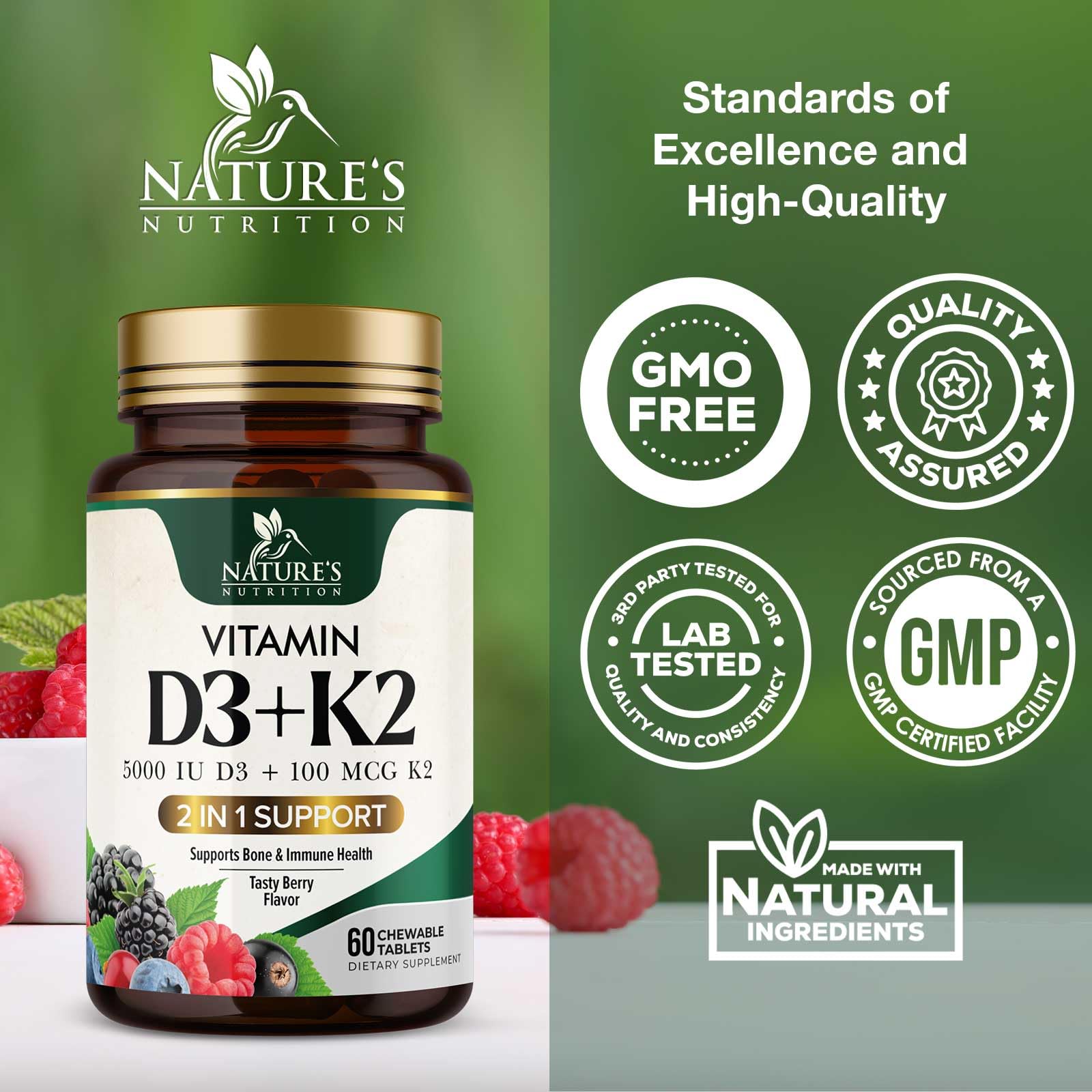 Nature's Nutrition D3 K2 chewable tablets with fresh berries