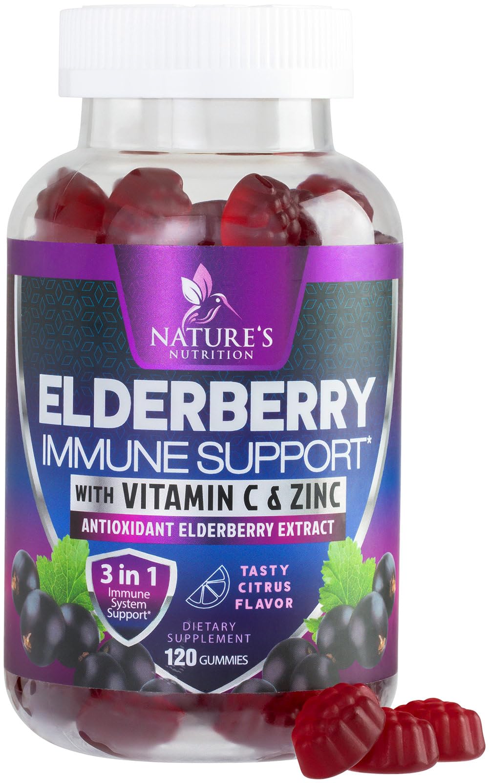 Nature's Nutrition Elderberry Gummies front view with packaging