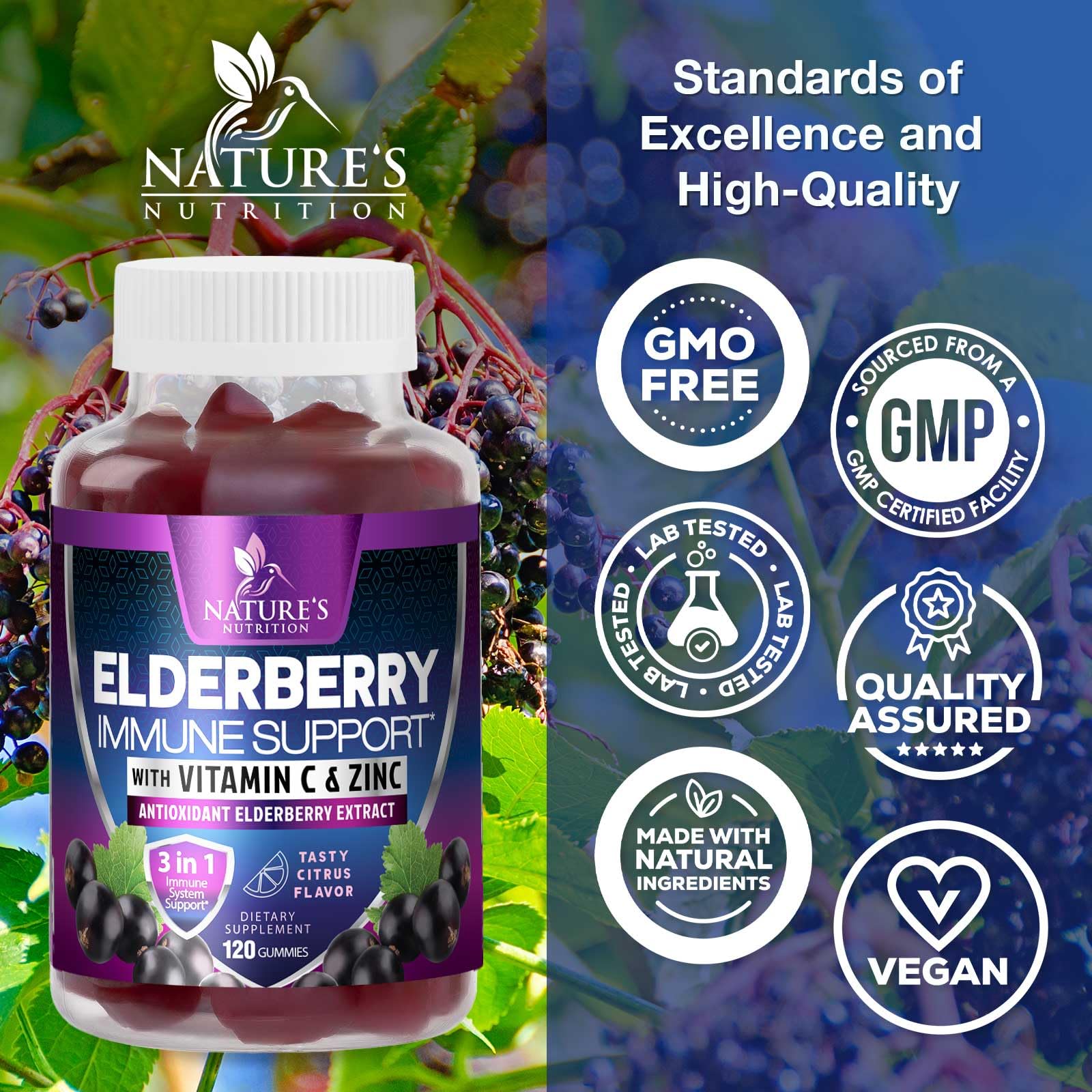Nature's Nutrition Elderberry Gummies on a wooden table