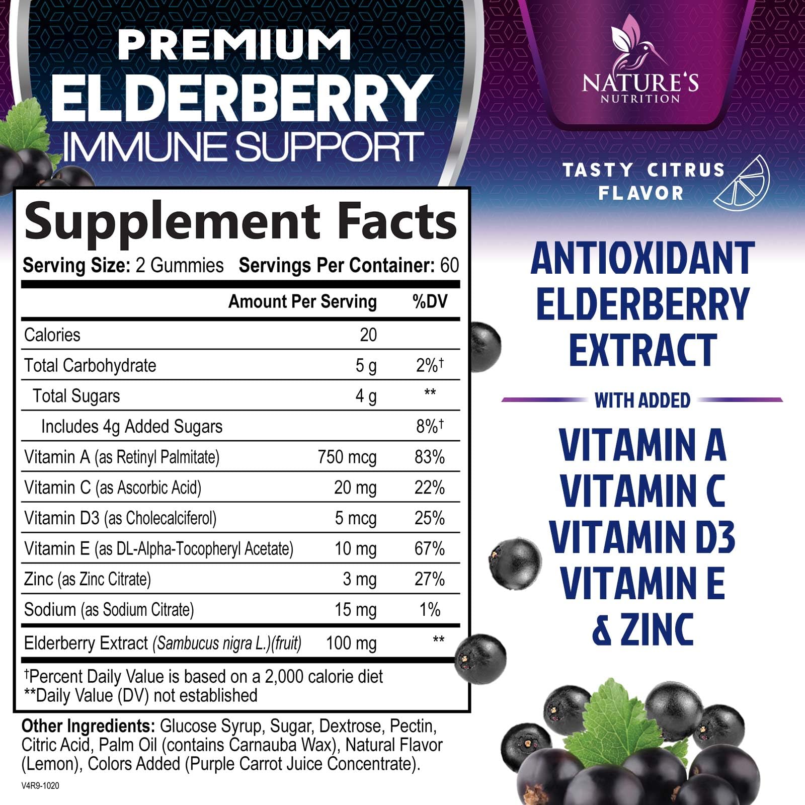 Nature's Nutrition Elderberry Gummies side view showing nutritional information