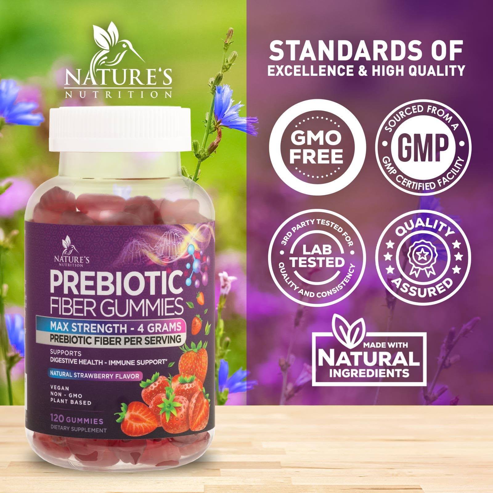 Nature's Nutrition Extra Strength Fiber Gummies displayed on a kitchen counter