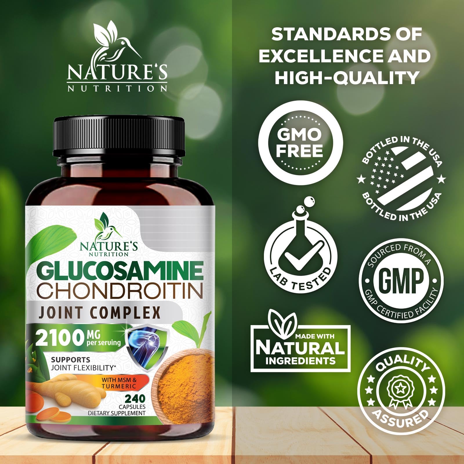 Nature's Nutrition Glucosamine Chondroitin MSM Complex capsules on a table