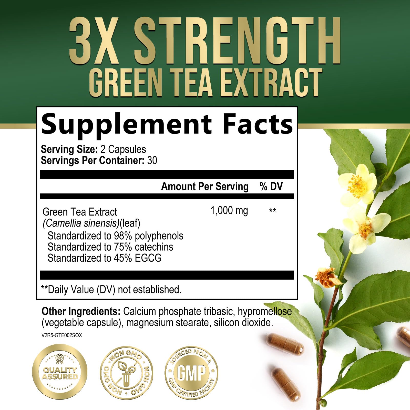 Nature's Nutrition Green Tea Extract 1000mg Capsules side view