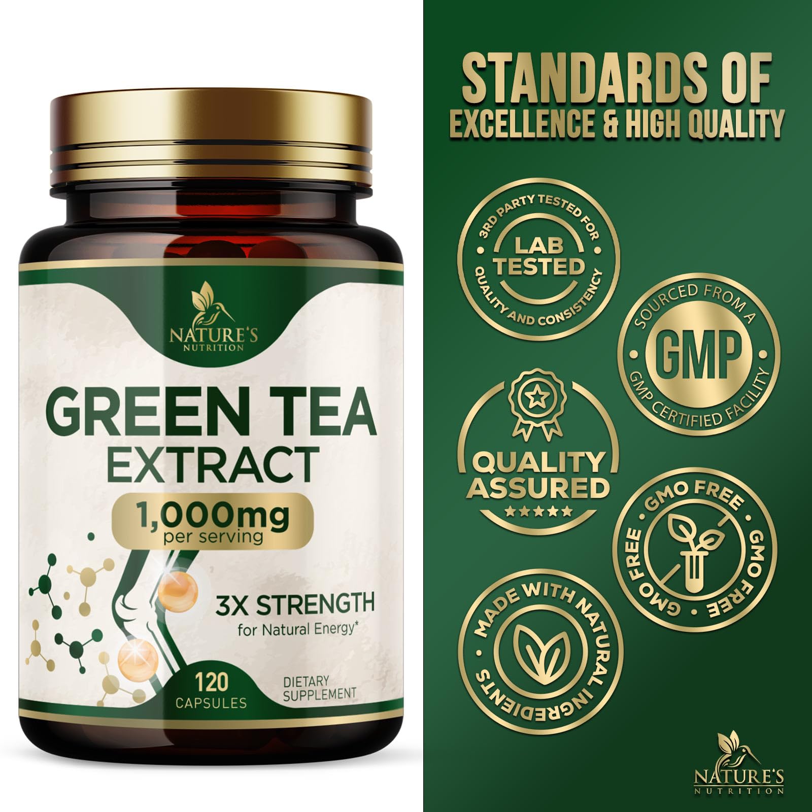 Nature's Nutrition Green Tea Extract capsules on a wooden surface