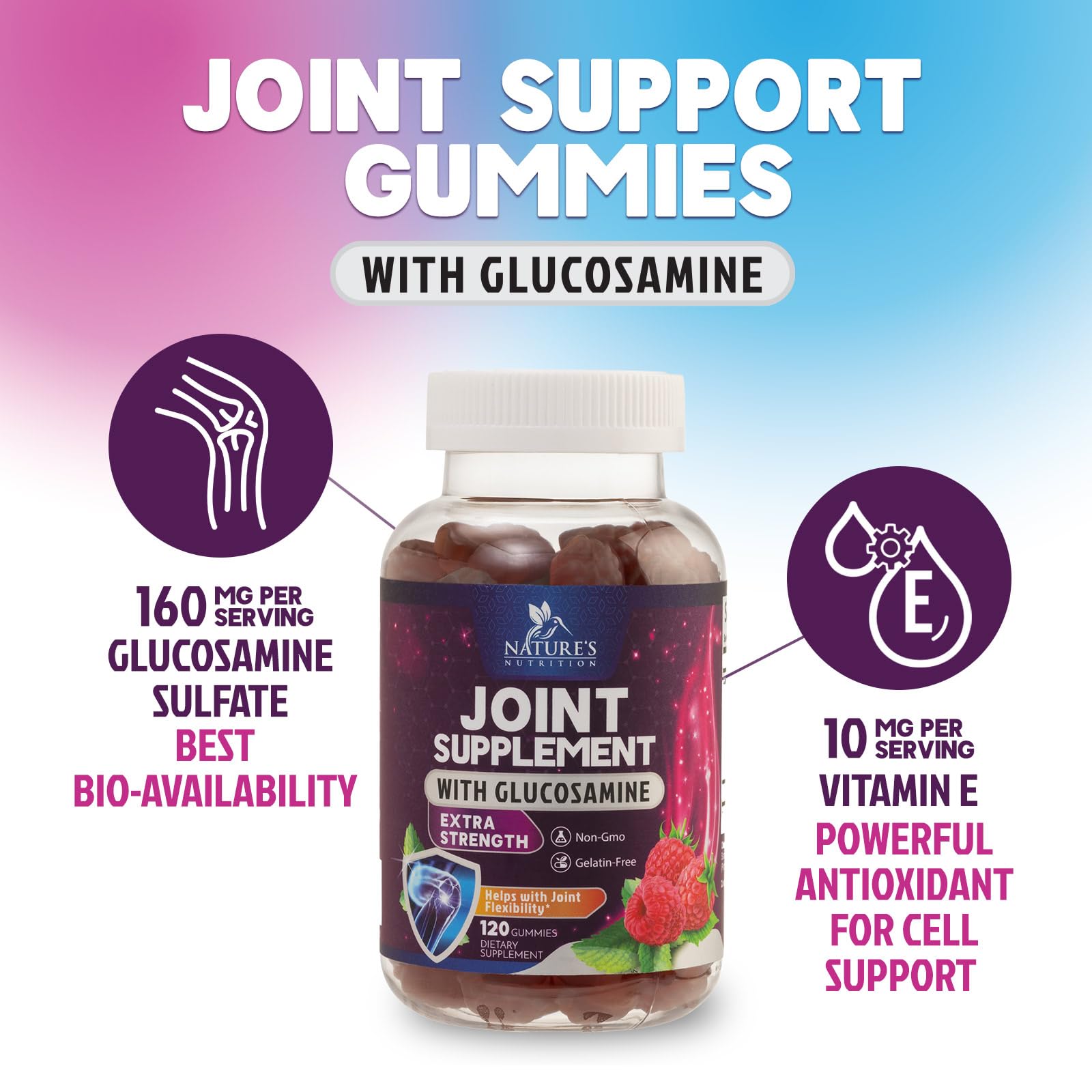 Nature's Nutrition Joint Support Gummies side view showing ingredients