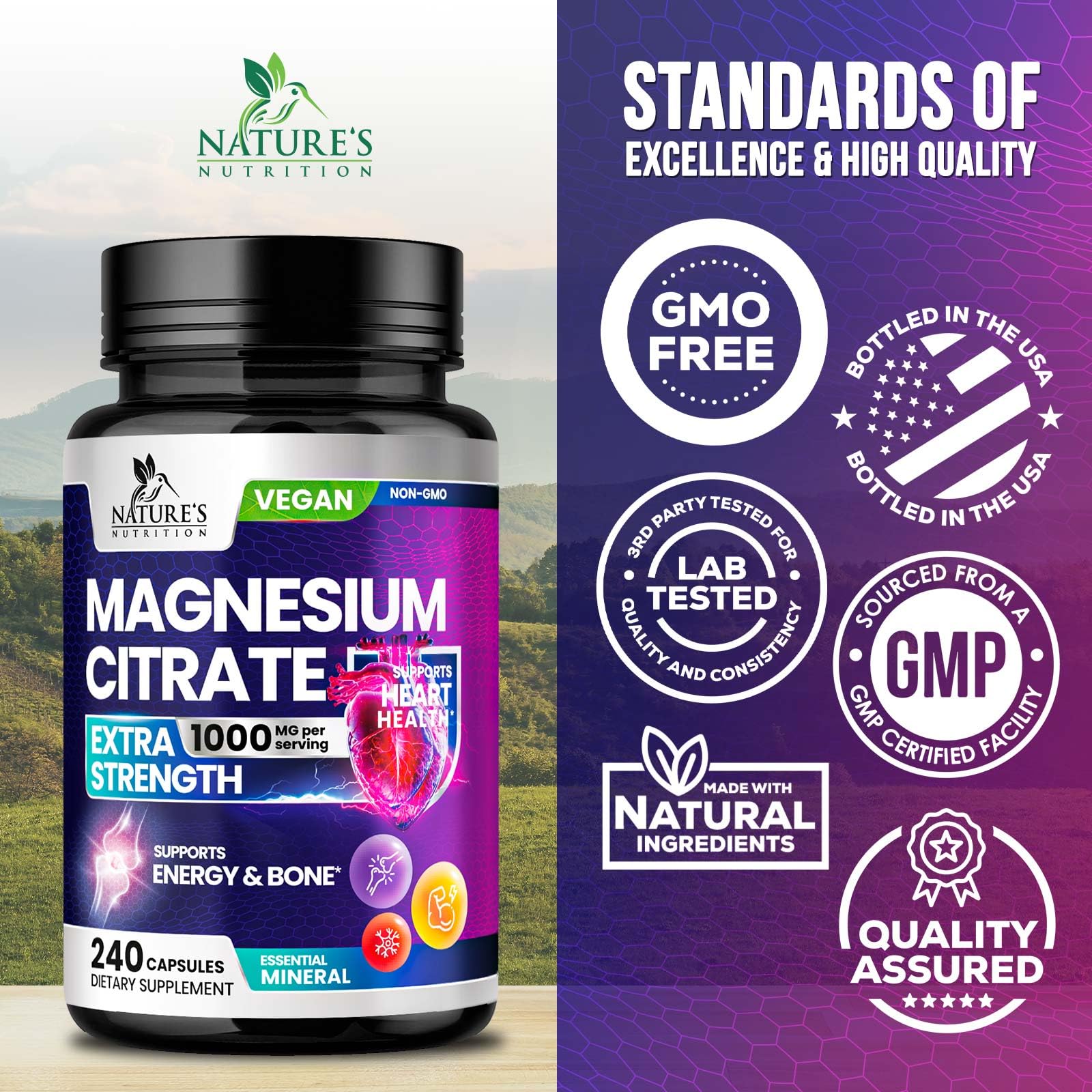 Nature's Nutrition Magnesium Citrate 1000mg bottle on a table
