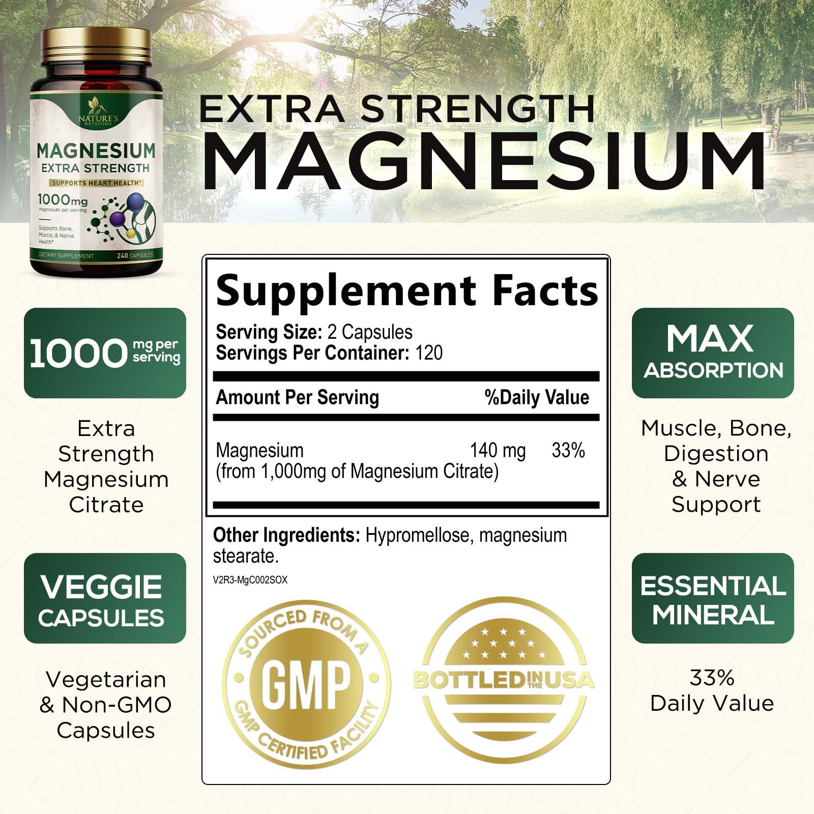 Nature's Nutrition Magnesium Citrate Capsules 1000mg bottle side view