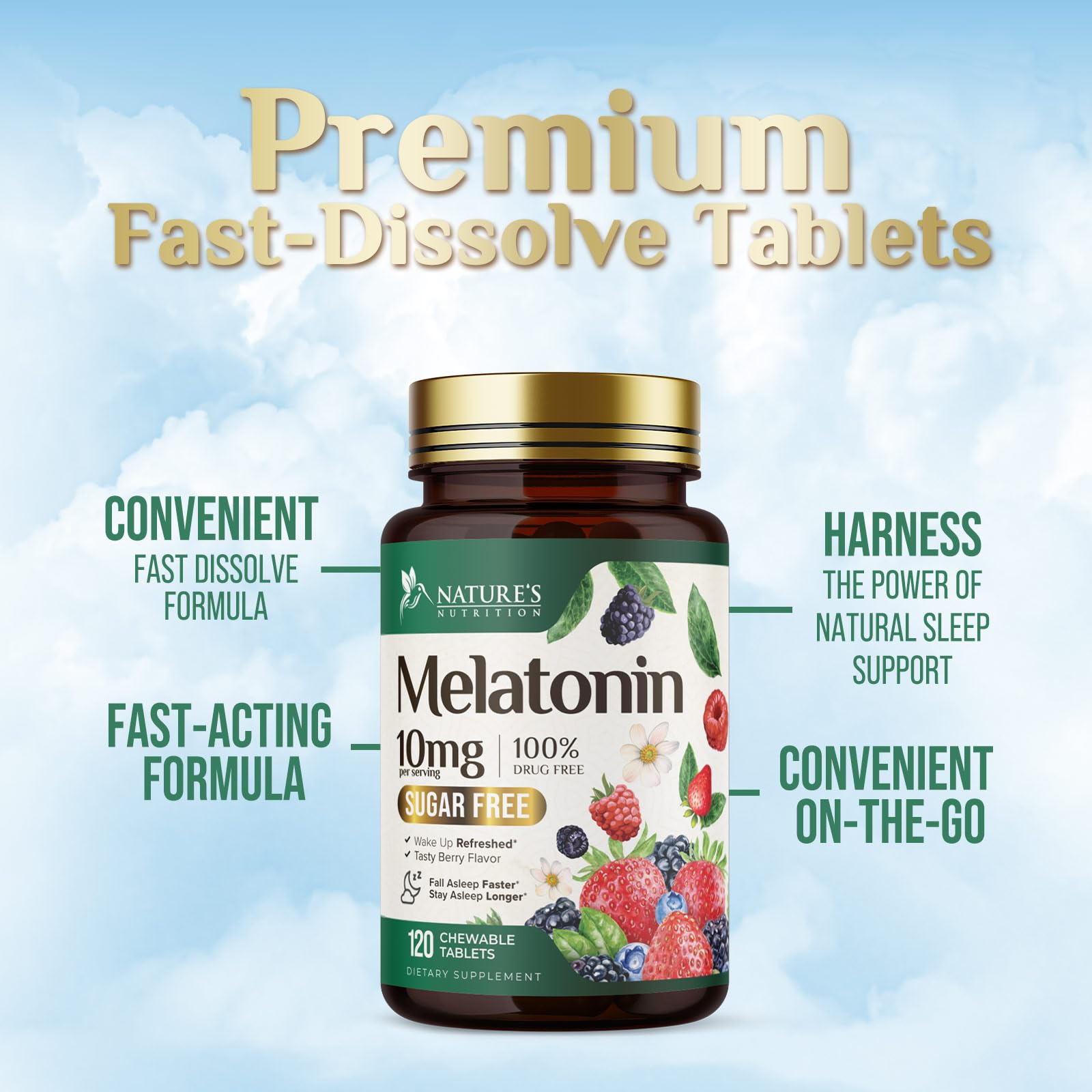Nature's Nutrition Melatonin 10mg bottle with a nightstand background