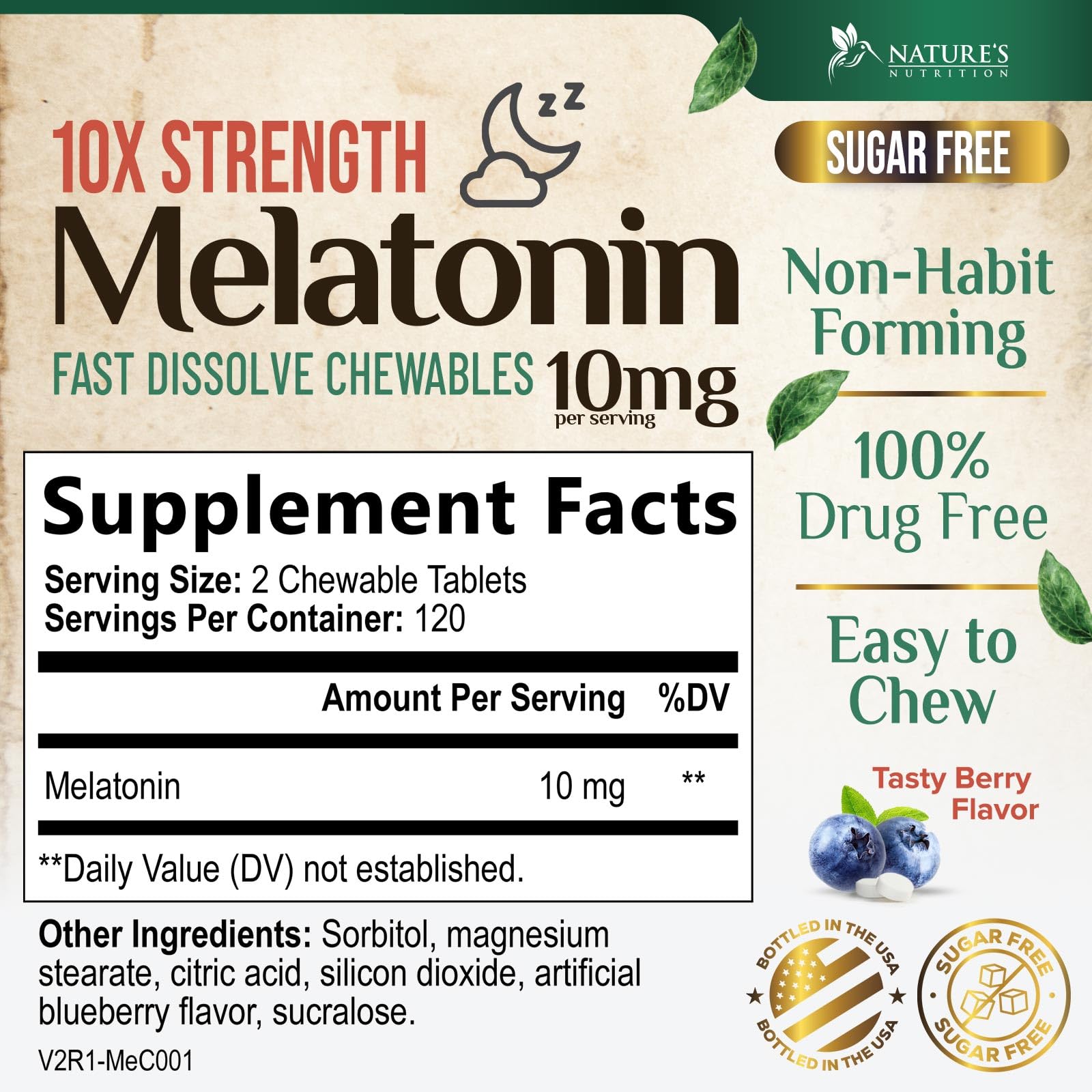 Nature's Nutrition Melatonin 10mg Chewable Tablets side view with dosage details