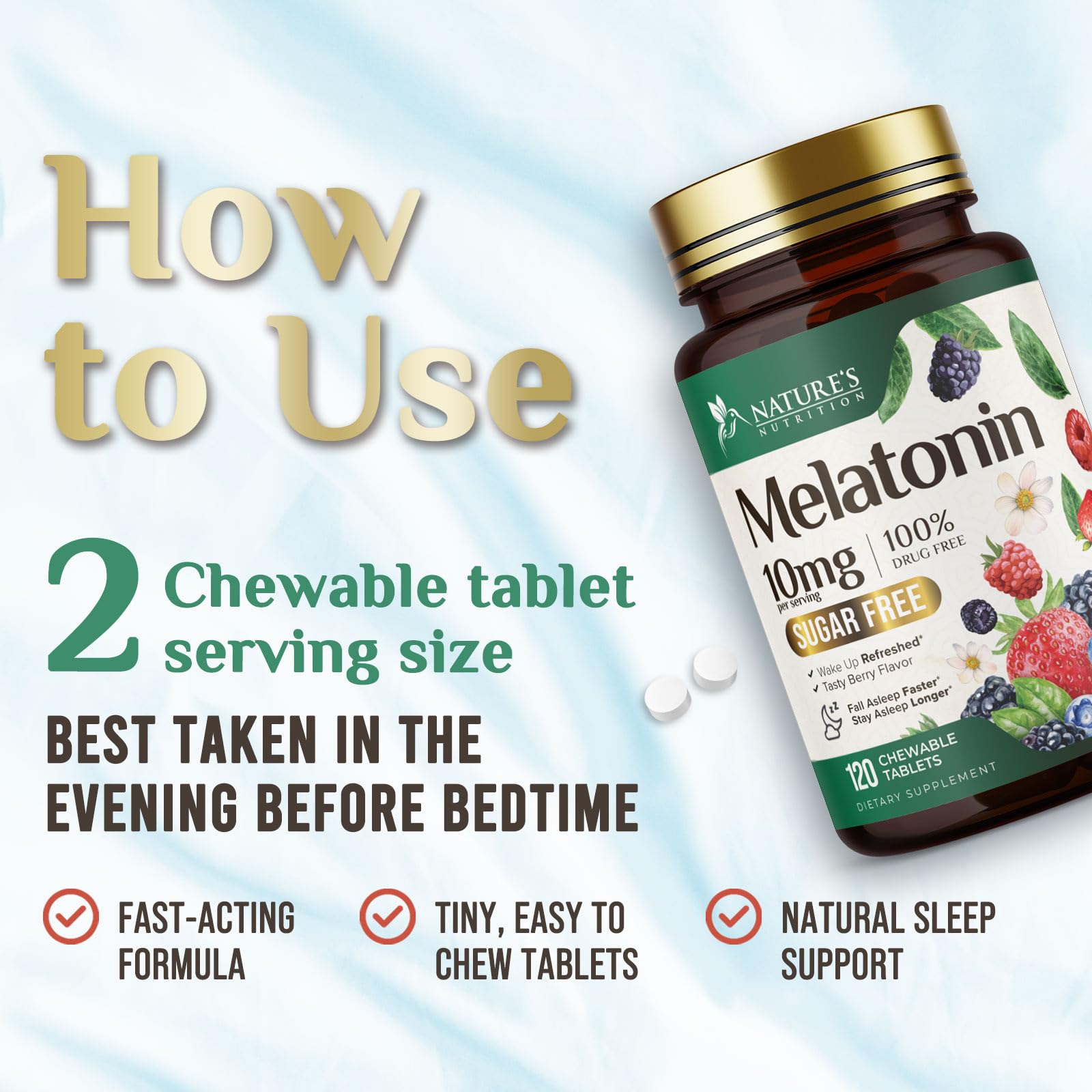 Nature's Nutrition Melatonin 10mg tablets in a hand for size comparison