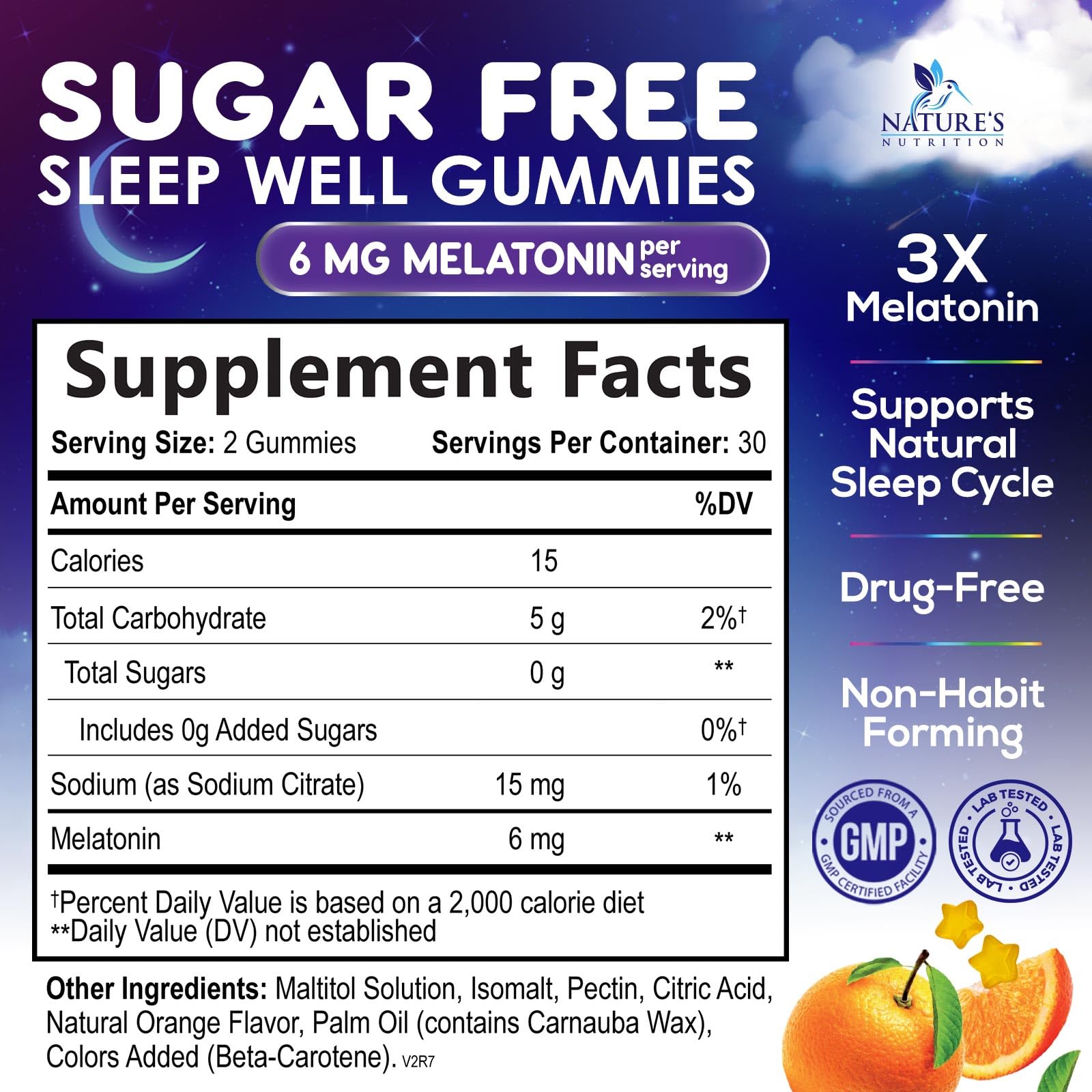 Nature's Nutrition Melatonin Gummies 6mg side view showing gummies
