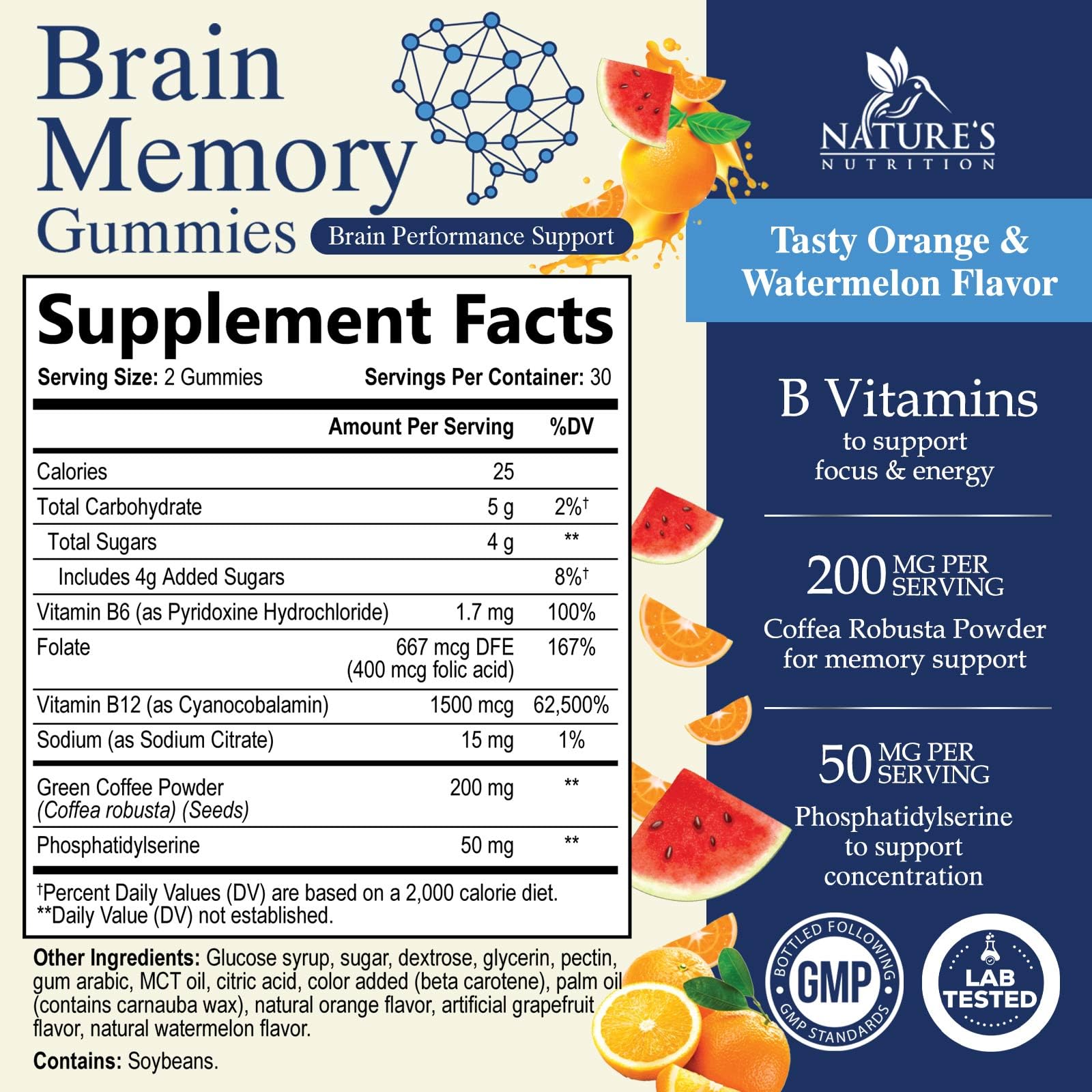 Nature's Nutrition Memory Gummies side view showing ingredients