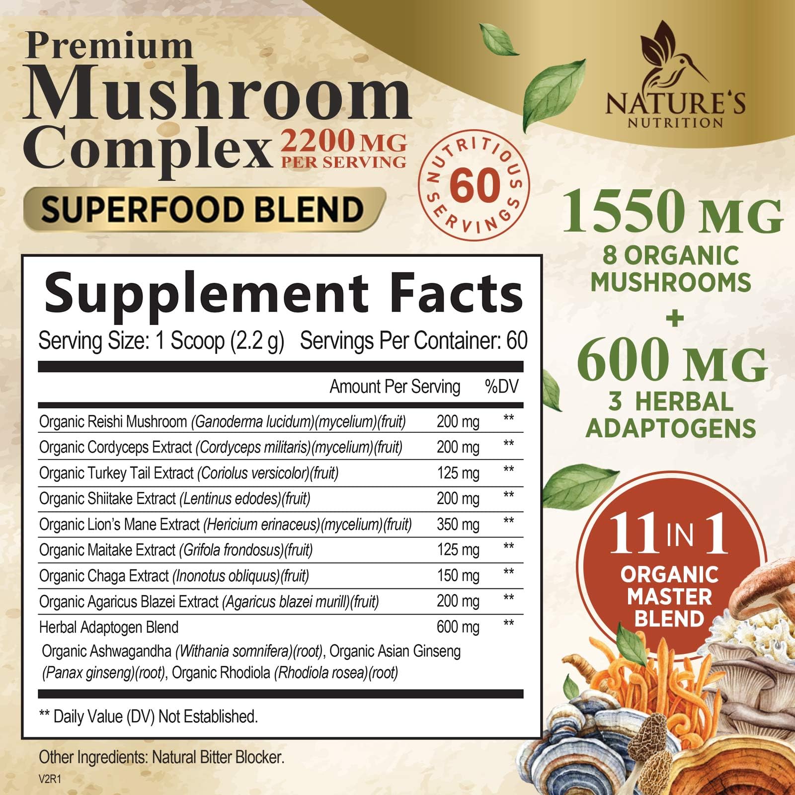 Nature's Nutrition Mushroom Complex Powder back view with ingredients