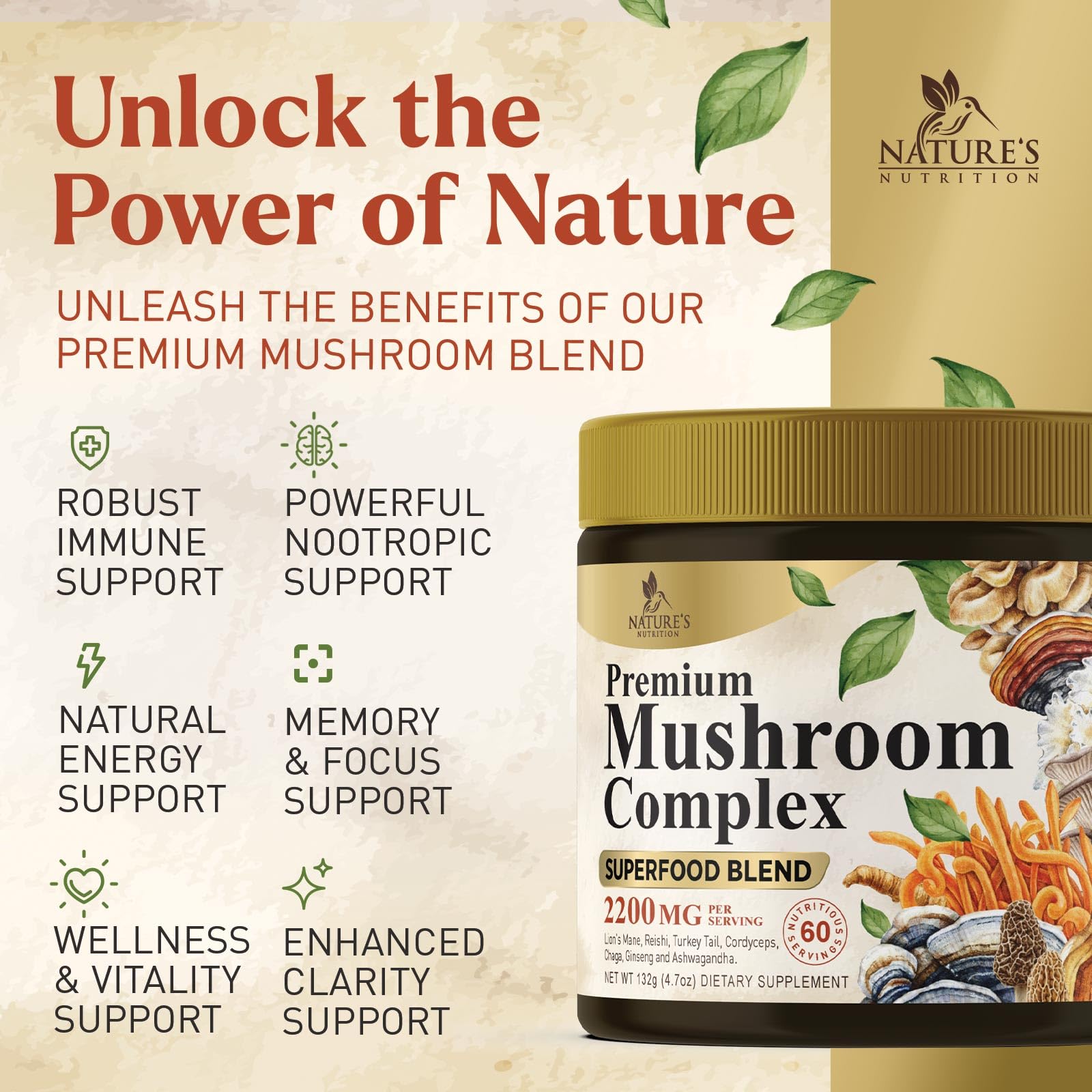 Nature's Nutrition Mushroom Complex Powder mixed in a cup of coffee