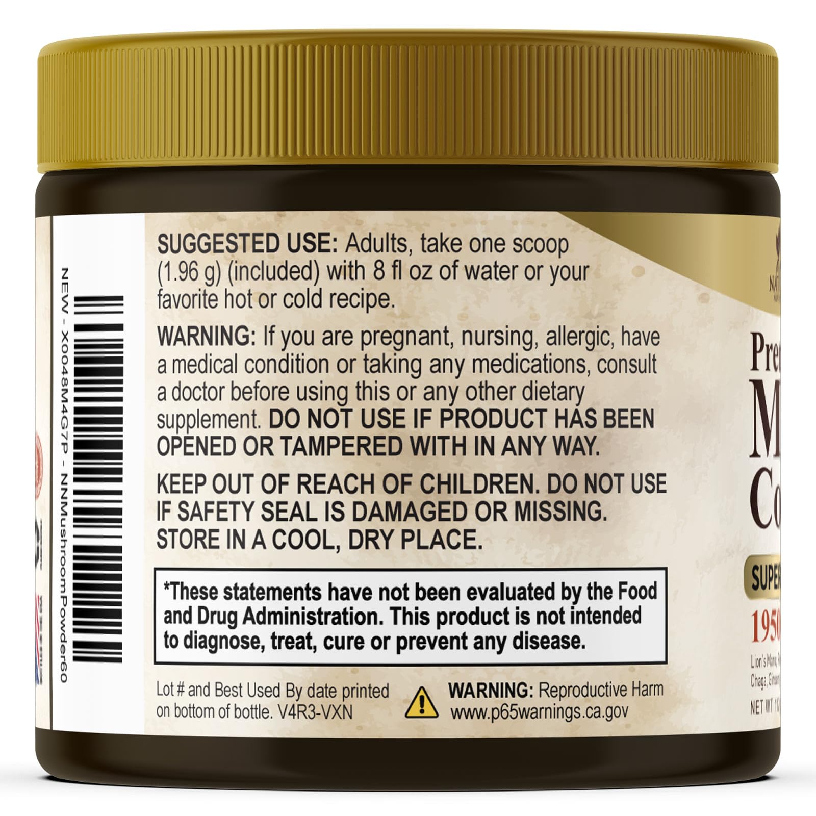 Nature's Nutrition Mushroom Complex Powder with measuring scoop